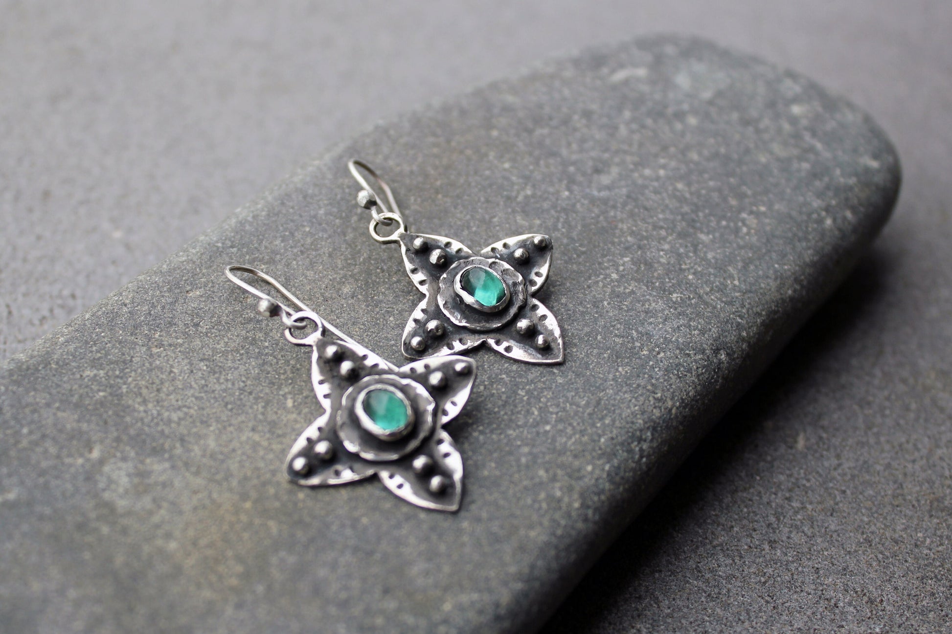 Sterling silver medieval style flower cross earrings with green corundum gemstone, Armenian, rustic, silversmith, artisan, floral, for her