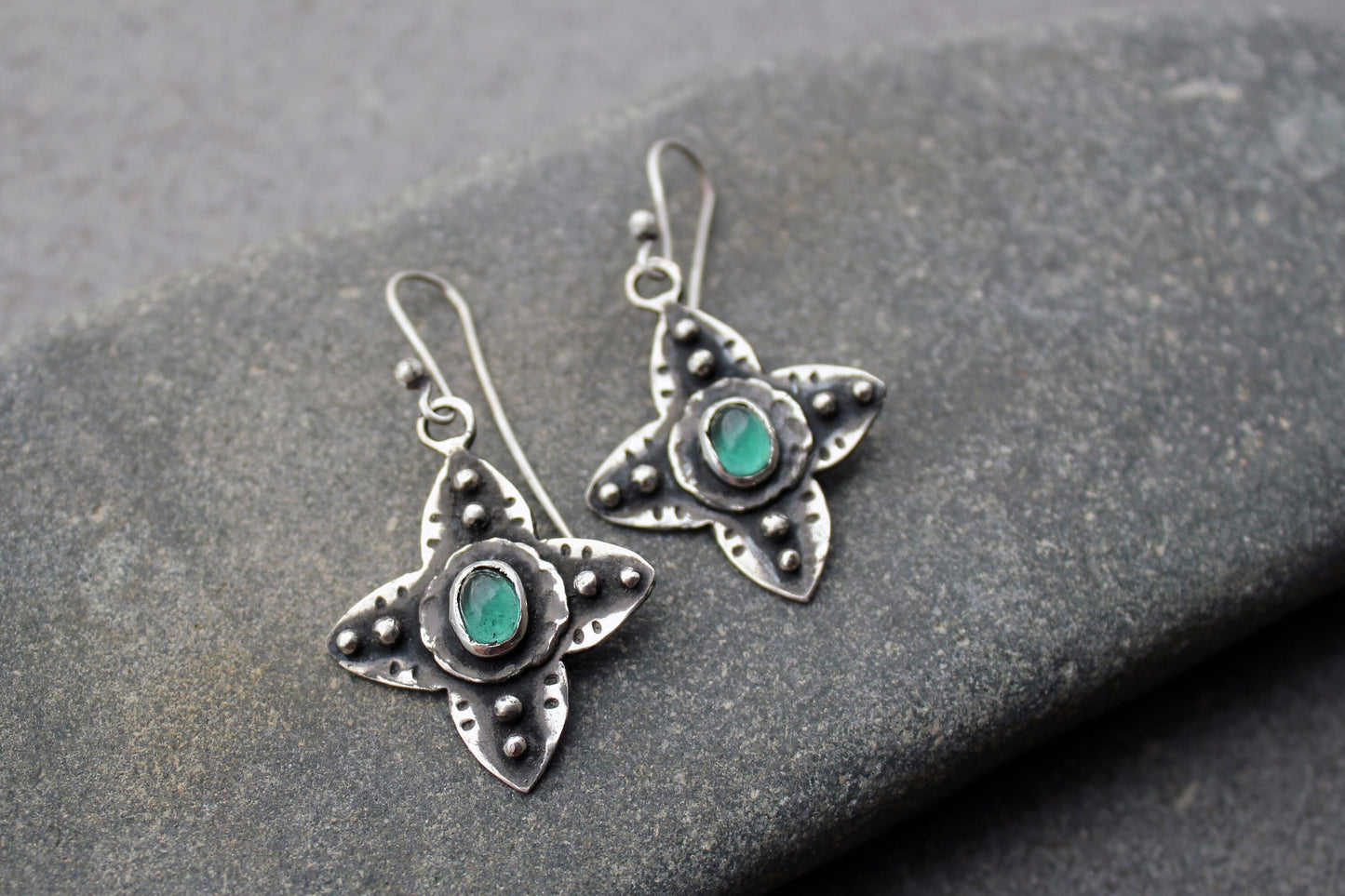 Sterling silver medieval style flower cross earrings with green corundum gemstone, Armenian, rustic, silversmith, artisan, floral, for her