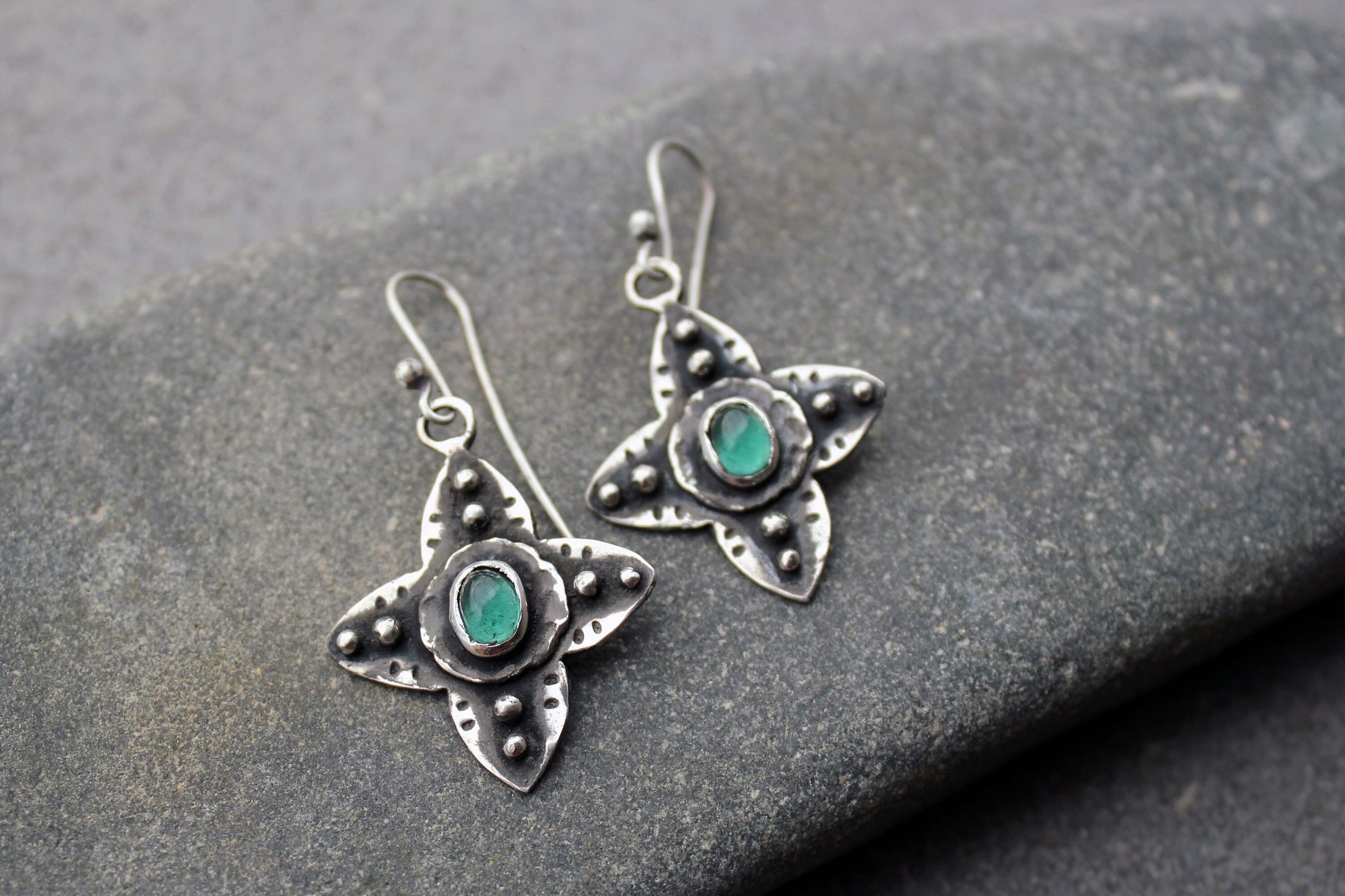 Sterling silver medieval style flower cross earrings with green corundum gemstone, Armenian, rustic, silversmith, artisan, floral, for her