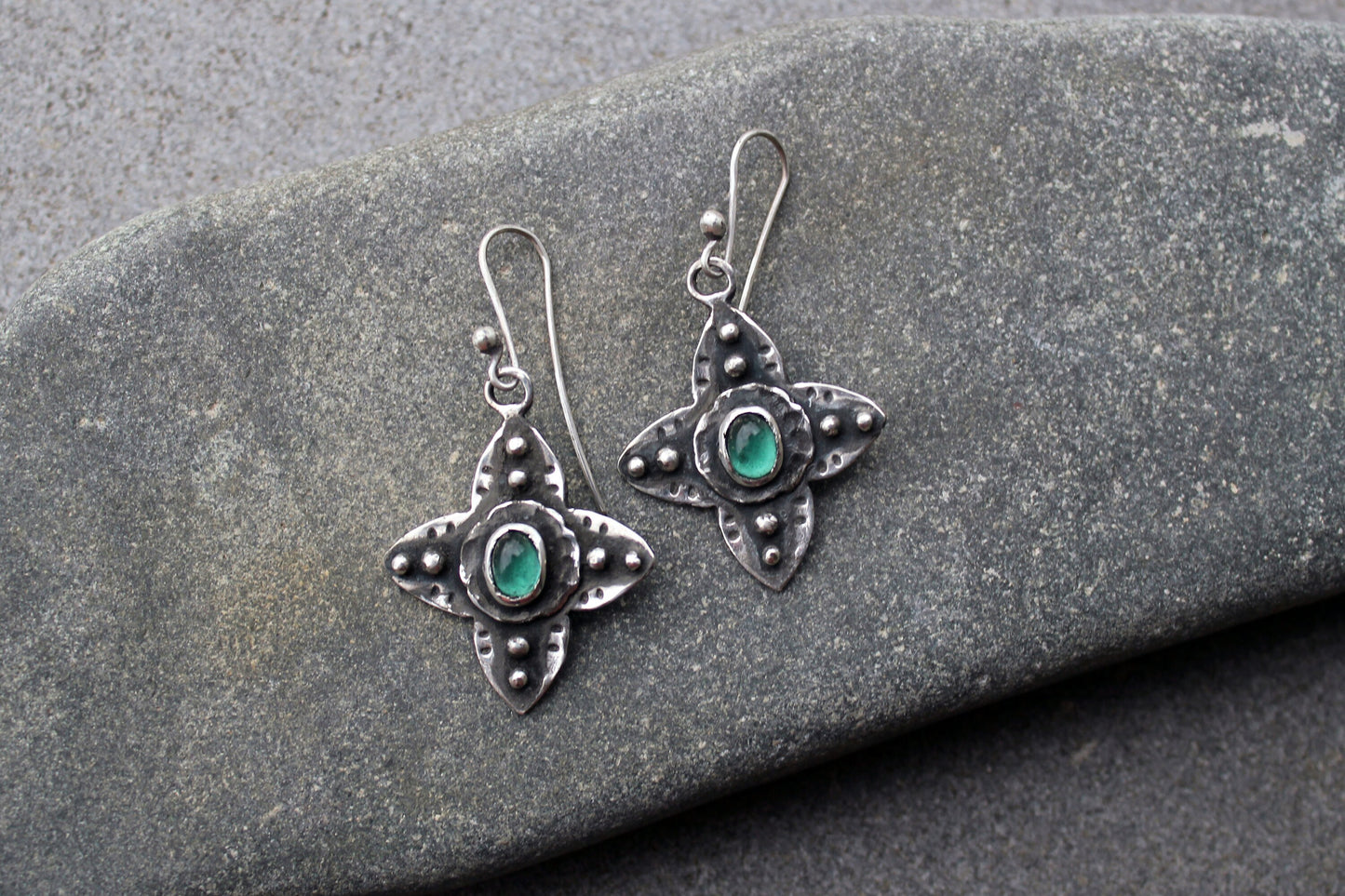 Sterling silver medieval style flower cross earrings with green corundum gemstone, Armenian, rustic, silversmith, artisan, floral, for her