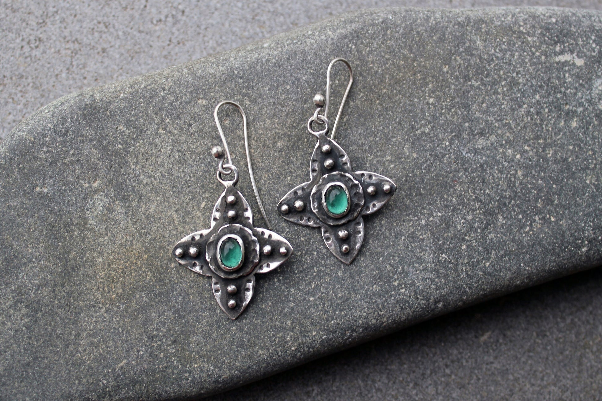 Sterling silver medieval style flower cross earrings with green corundum gemstone, Armenian, rustic, silversmith, artisan, floral, for her