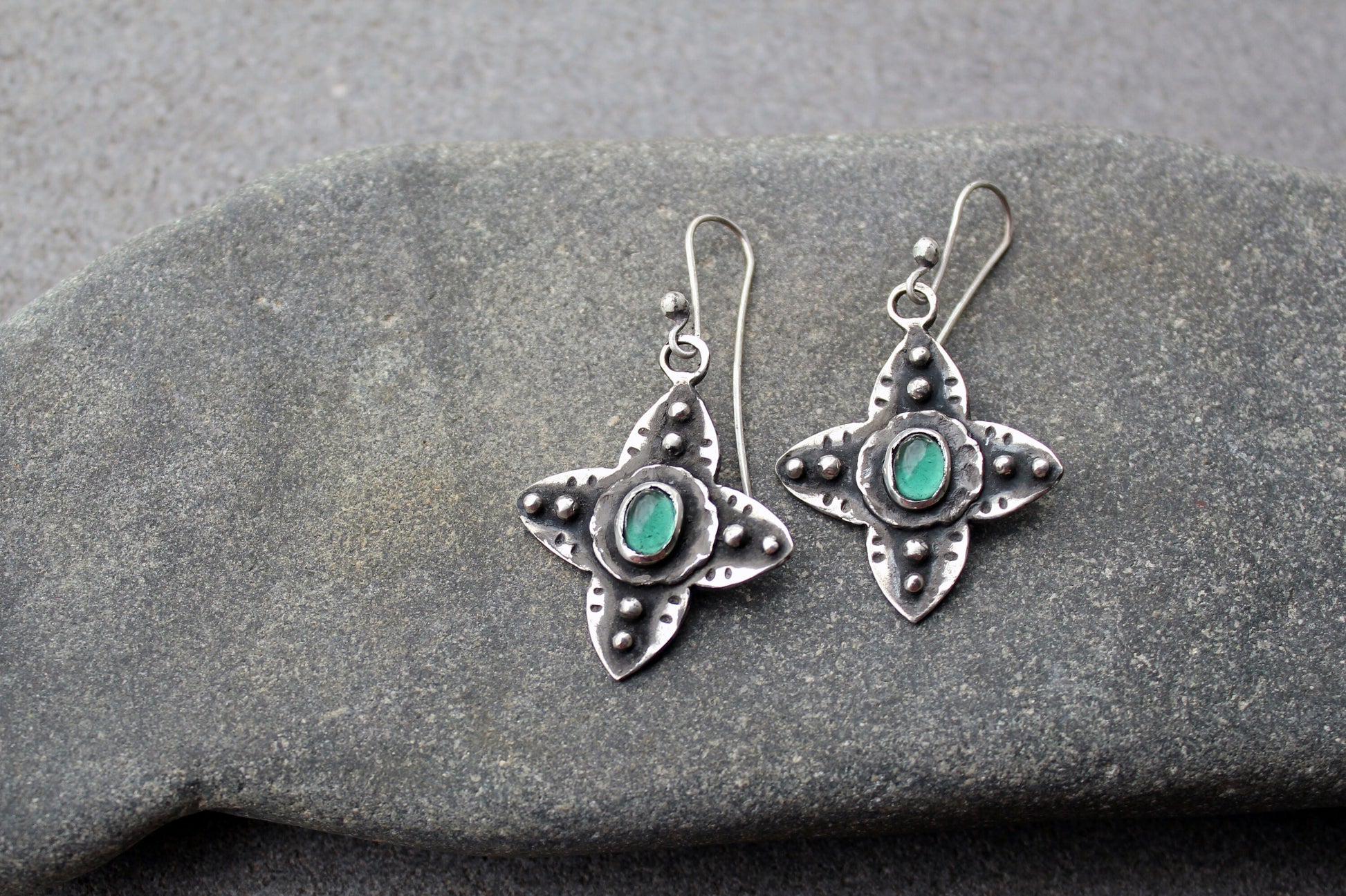 Sterling silver medieval style flower cross earrings with green corundum gemstone, Armenian, rustic, silversmith, artisan, floral, for her