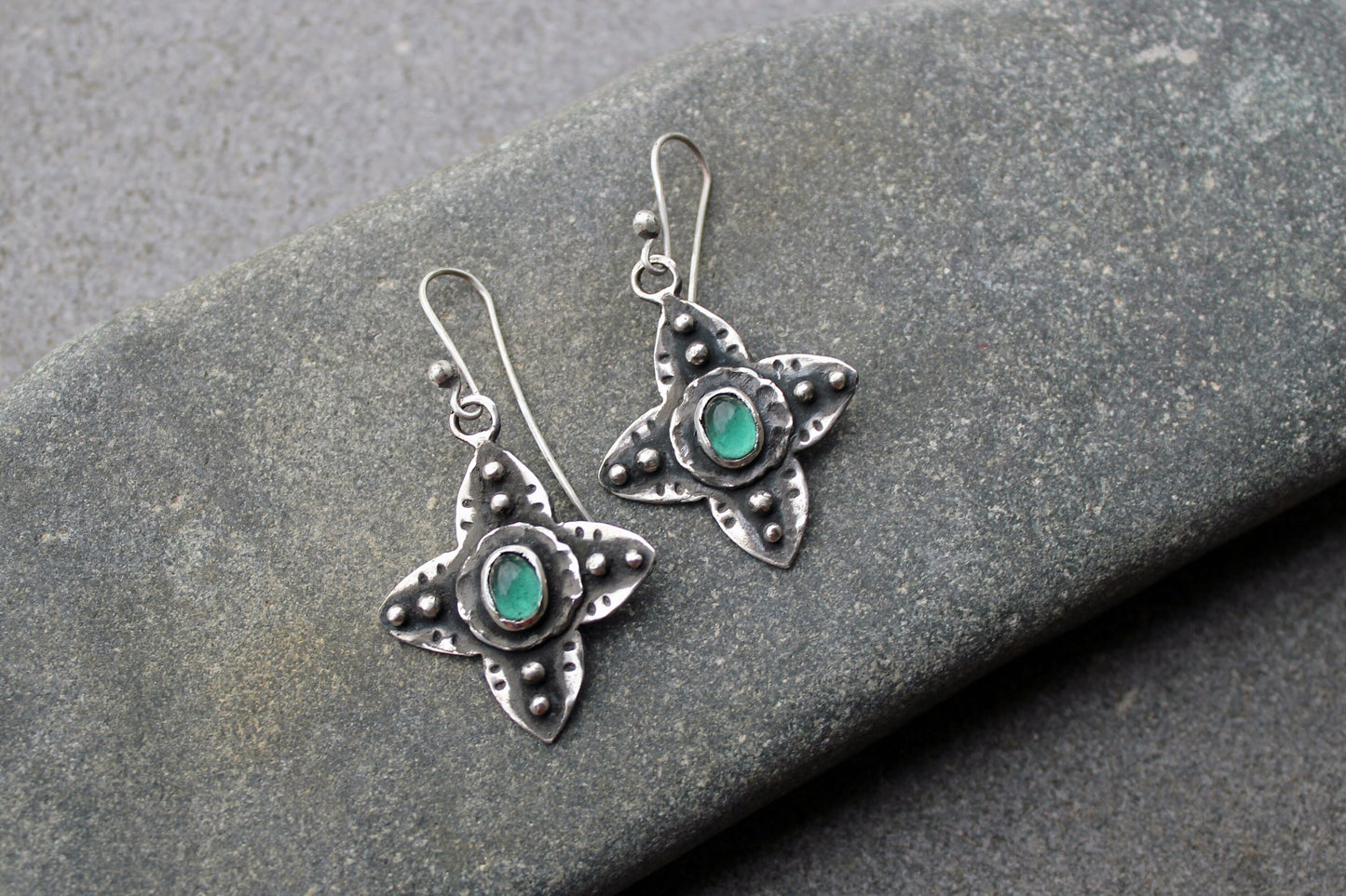 Sterling silver medieval style flower cross earrings with green corundum gemstone, Armenian, rustic, silversmith, artisan, floral, for her