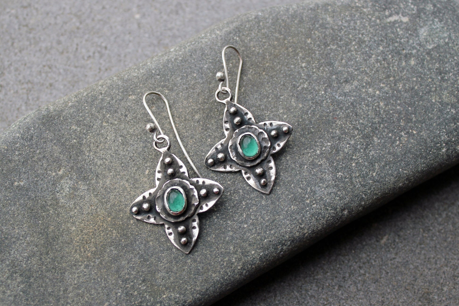 Sterling silver medieval style flower cross earrings with green corundum gemstone, Armenian, rustic, silversmith, artisan, floral, for her