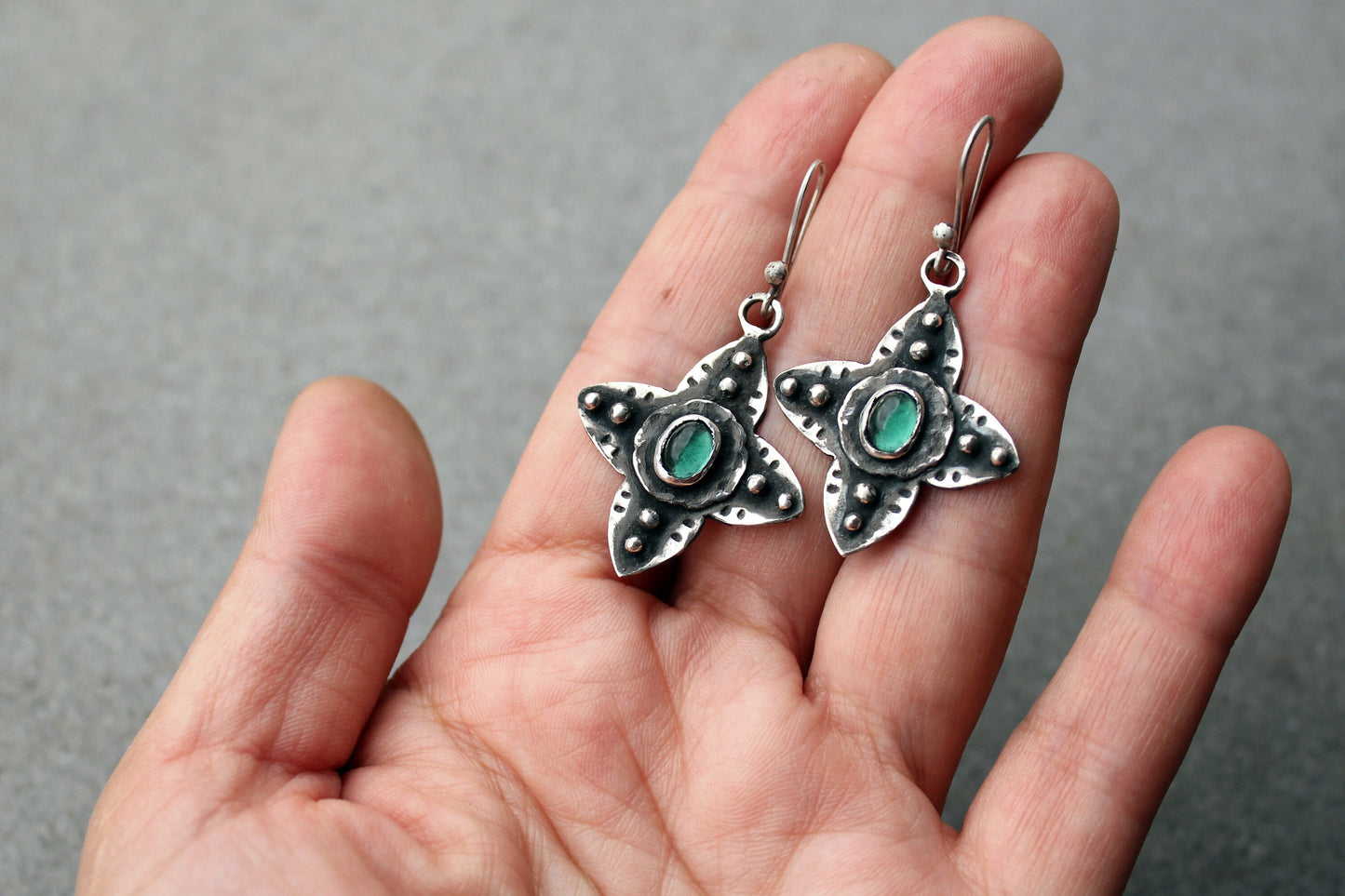 Sterling silver medieval style flower cross earrings with green corundum gemstone, Armenian, rustic, silversmith, artisan, floral, for her