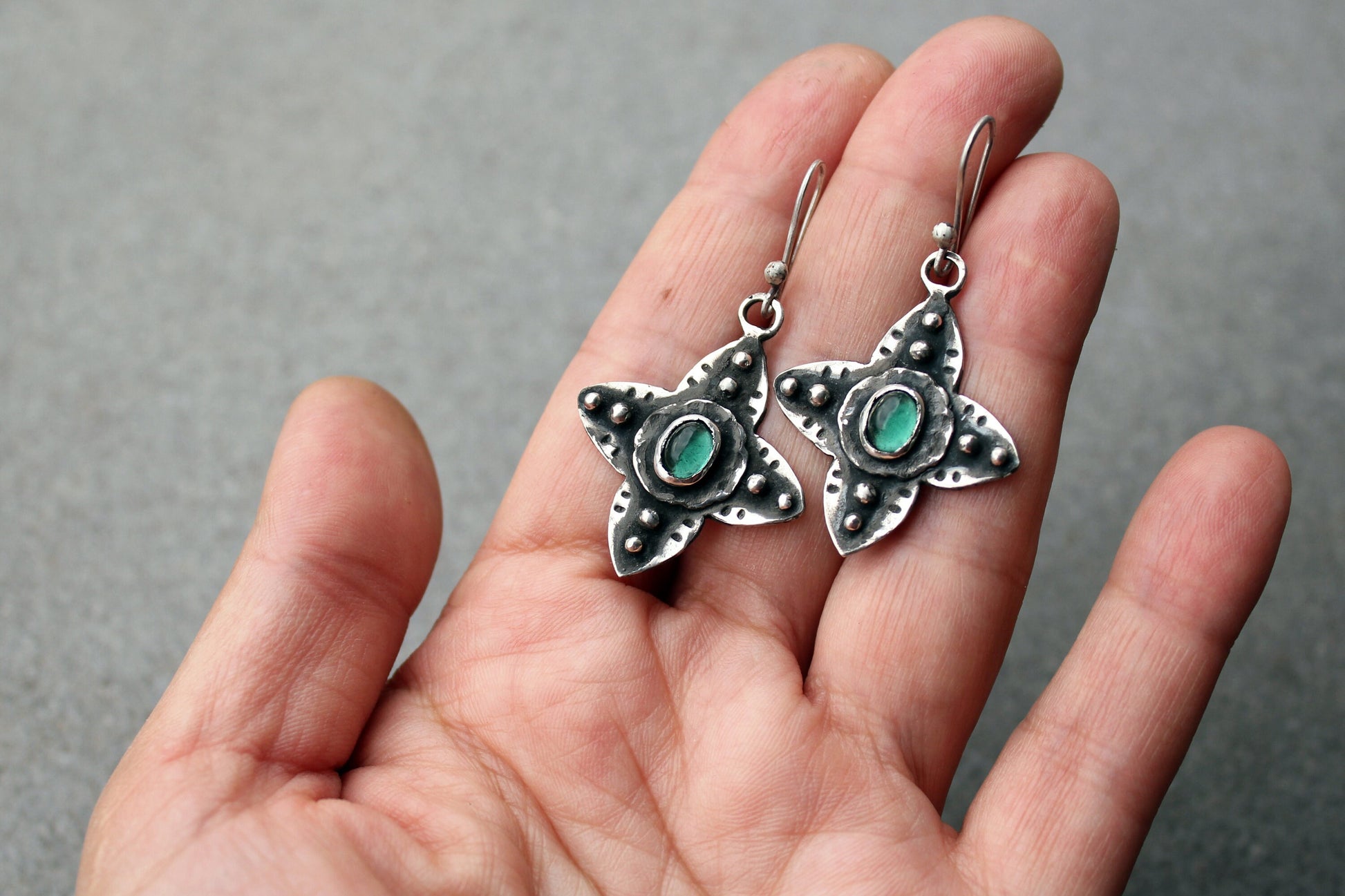 Sterling silver medieval style flower cross earrings with green corundum gemstone, Armenian, rustic, silversmith, artisan, floral, for her