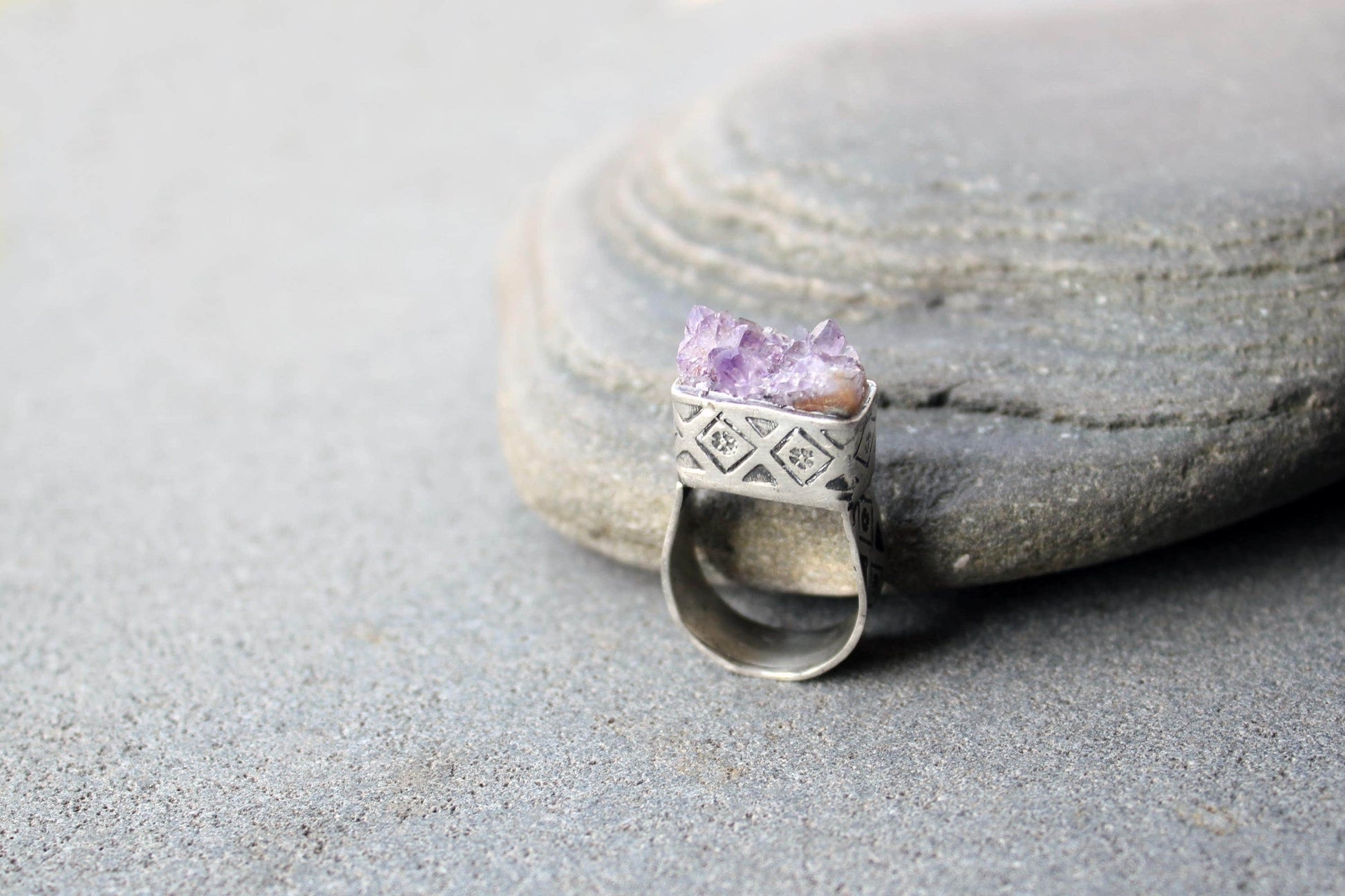 Sterling silver stamped oxidized armenian wide band cocktail ring with grey amethyst druzy, rustic, silversmith, etnic, chunky, contemporary