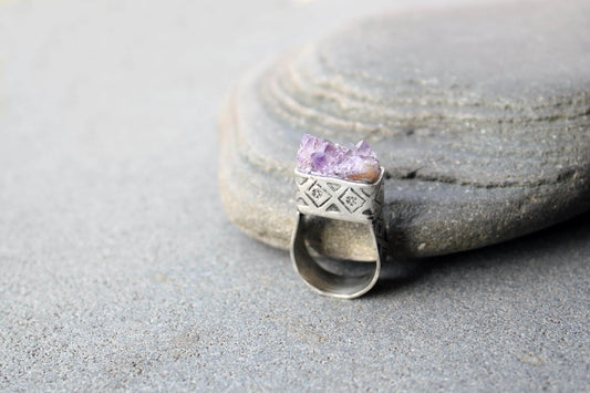 Sterling silver stamped oxidized armenian wide band cocktail ring with grey amethyst druzy, rustic, silversmith, etnic, chunky, contemporary