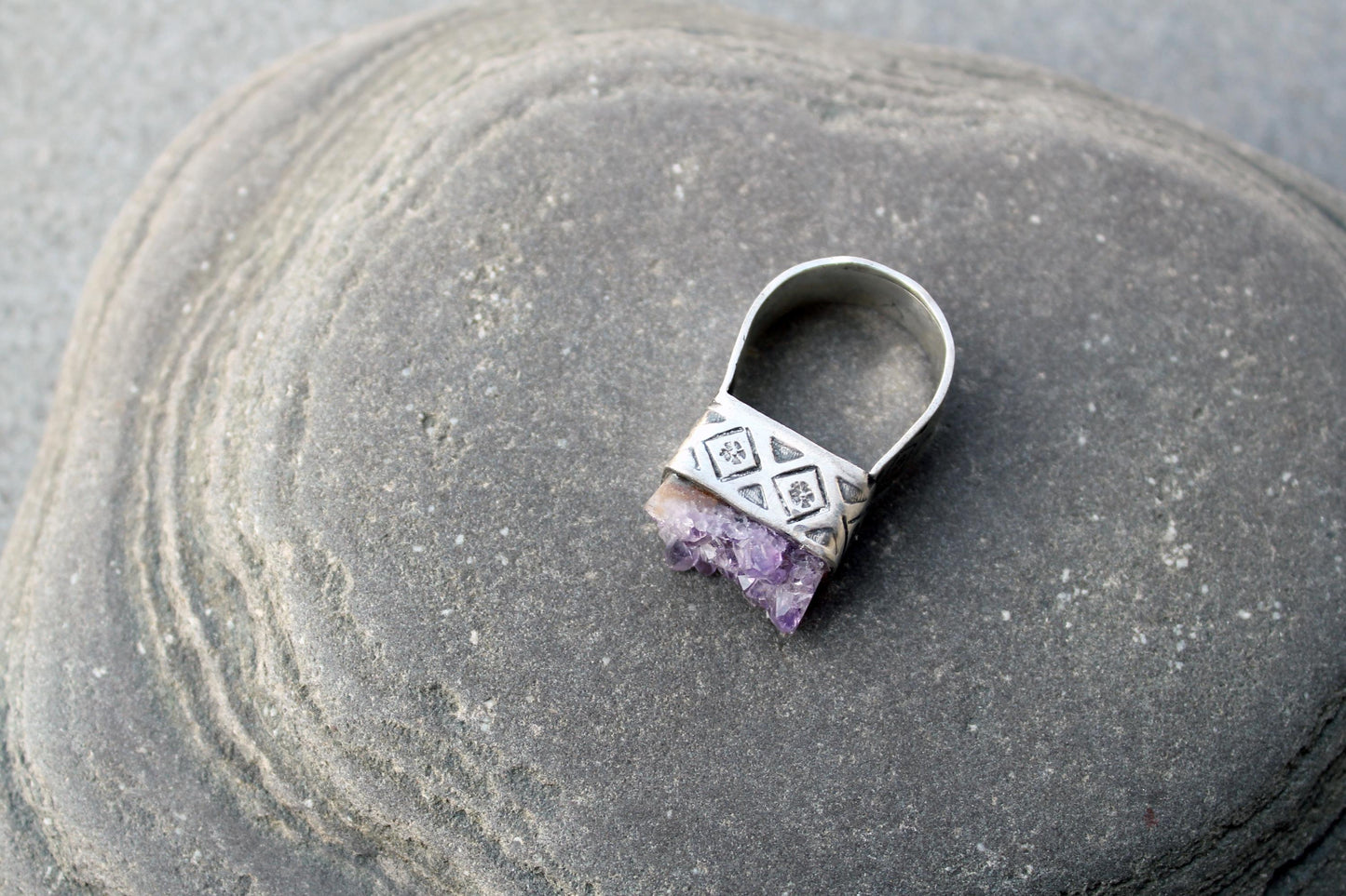 Sterling silver stamped oxidized armenian wide band cocktail ring with grey amethyst druzy, rustic, silversmith, etnic, chunky, contemporary
