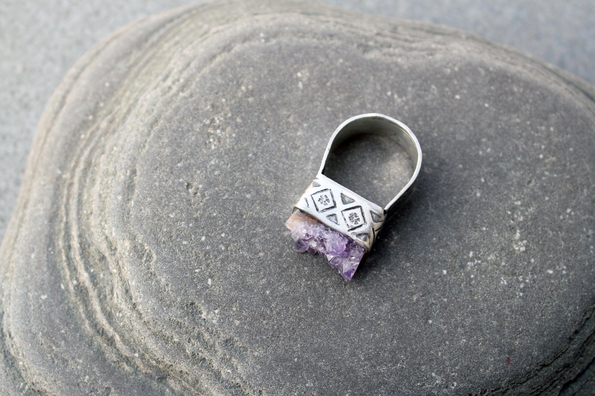 Sterling silver stamped oxidized armenian wide band cocktail ring with grey amethyst druzy, rustic, silversmith, etnic, chunky, contemporary