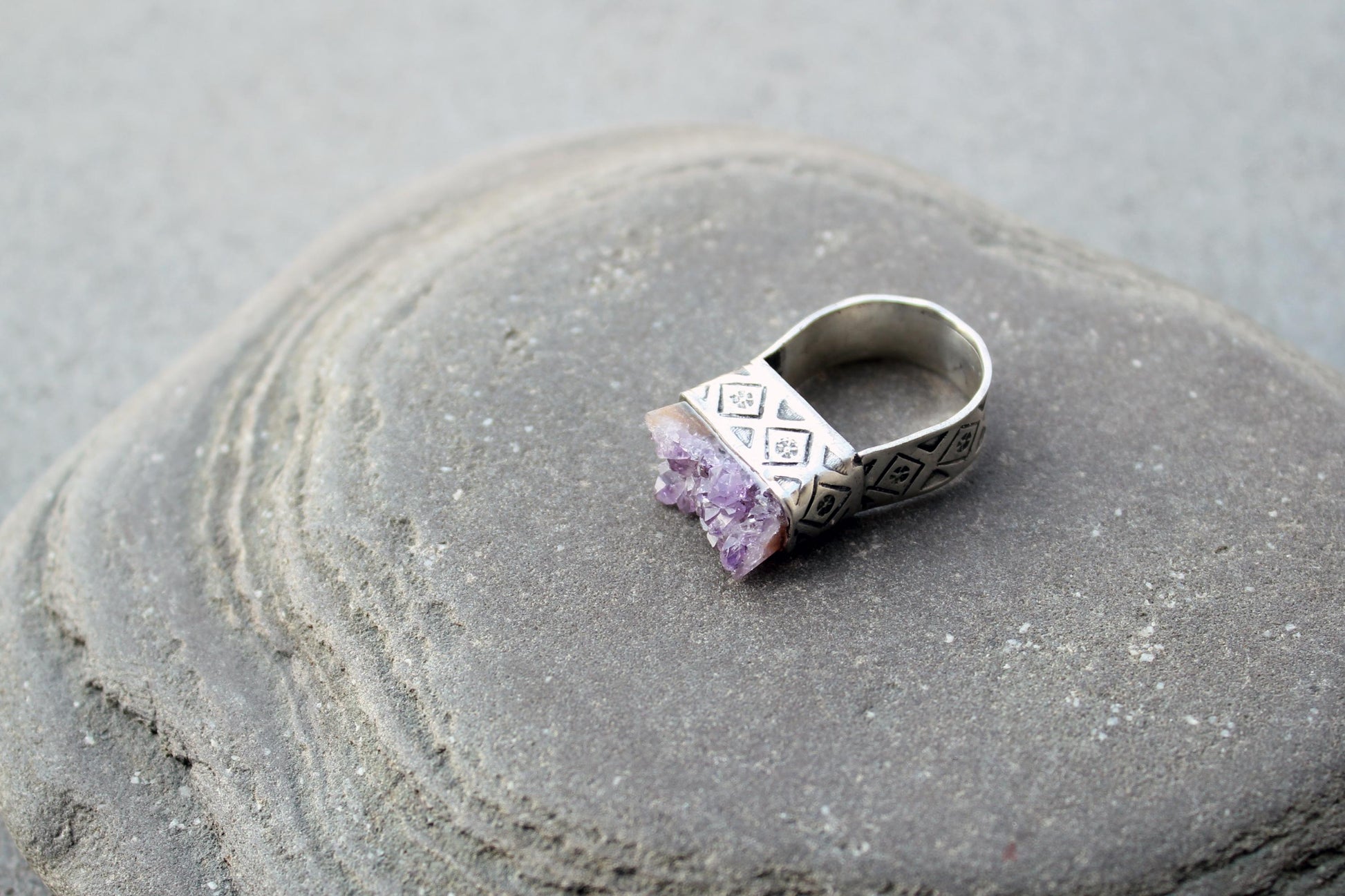 Sterling silver stamped oxidized armenian wide band cocktail ring with grey amethyst druzy, rustic, silversmith, etnic, chunky, contemporary