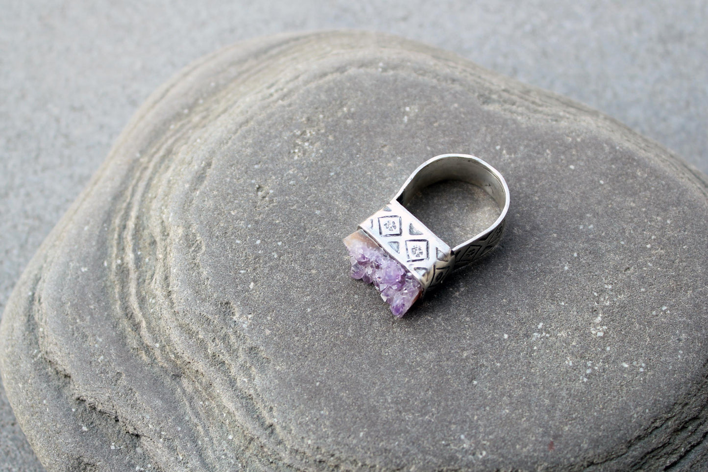 Sterling silver stamped oxidized armenian wide band cocktail ring with grey amethyst druzy, rustic, silversmith, etnic, chunky, contemporary