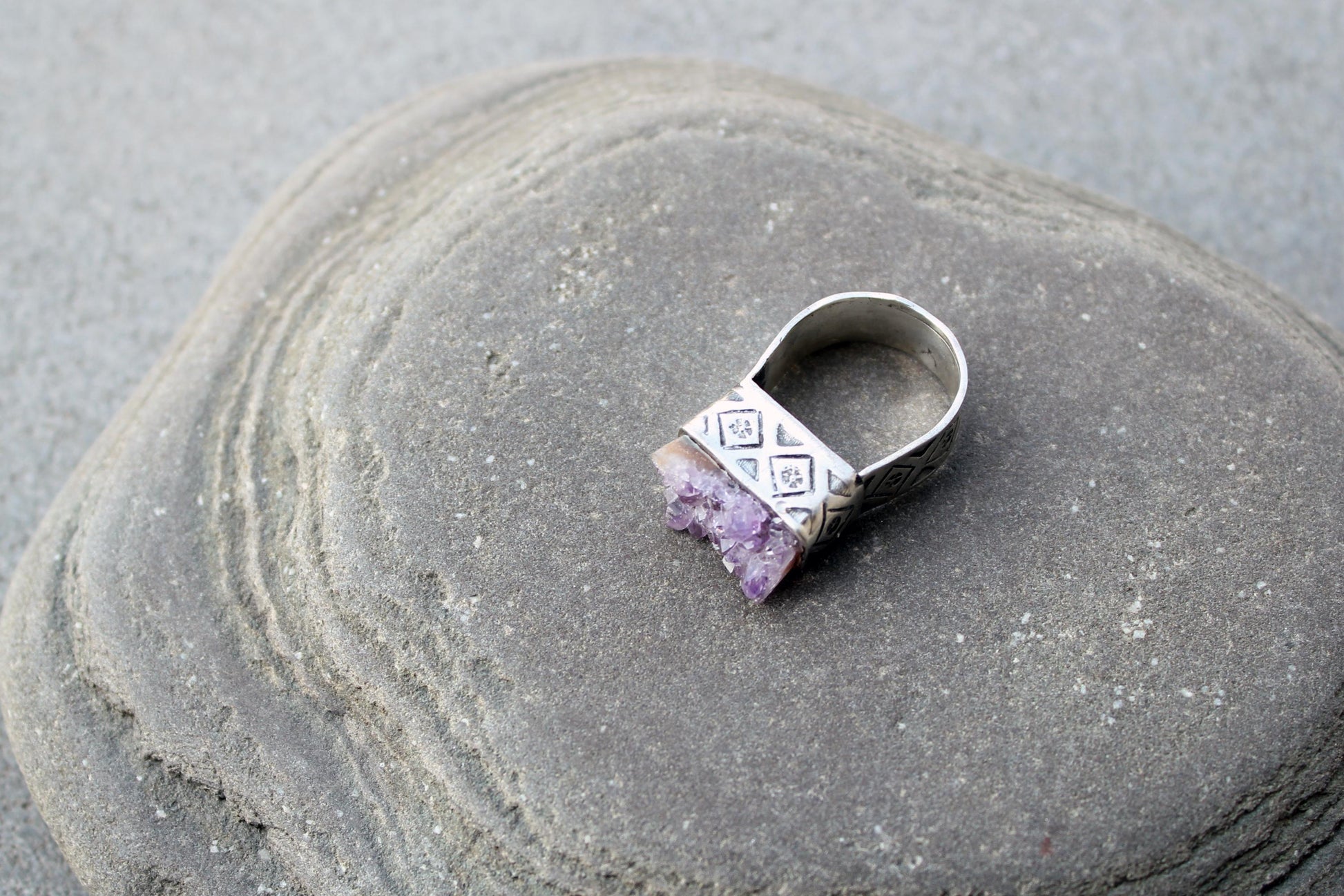 Sterling silver stamped oxidized armenian wide band cocktail ring with grey amethyst druzy, rustic, silversmith, etnic, chunky, contemporary