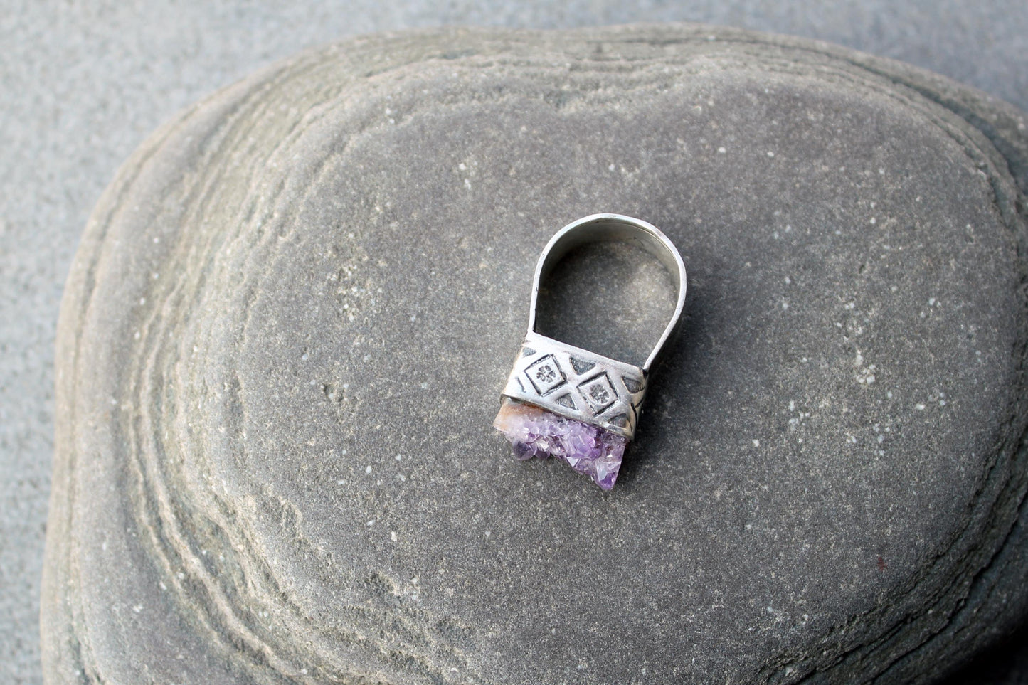 Sterling silver stamped oxidized armenian wide band cocktail ring with grey amethyst druzy, rustic, silversmith, etnic, chunky, contemporary