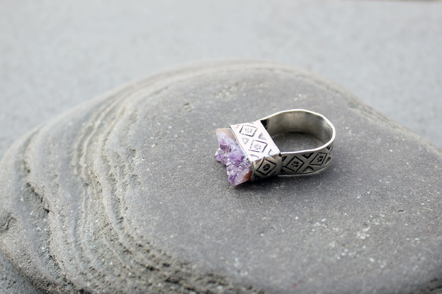 Sterling silver stamped oxidized armenian wide band cocktail ring with grey amethyst druzy, rustic, silversmith, etnic, chunky, contemporary