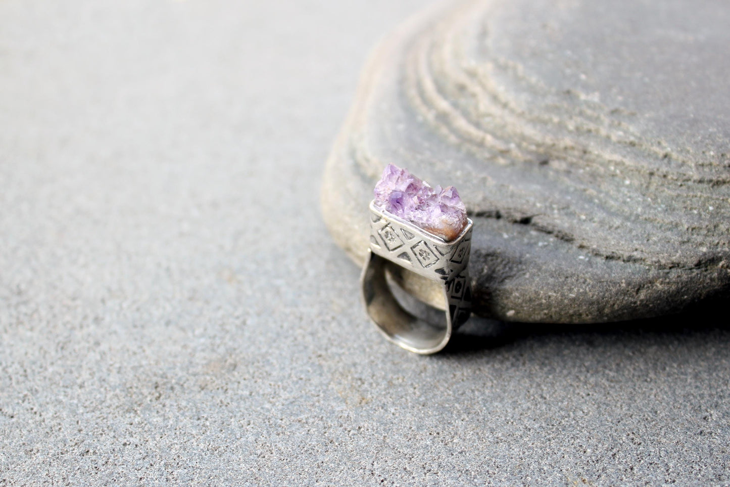 Sterling silver stamped oxidized armenian wide band cocktail ring with grey amethyst druzy, rustic, silversmith, etnic, chunky, contemporary