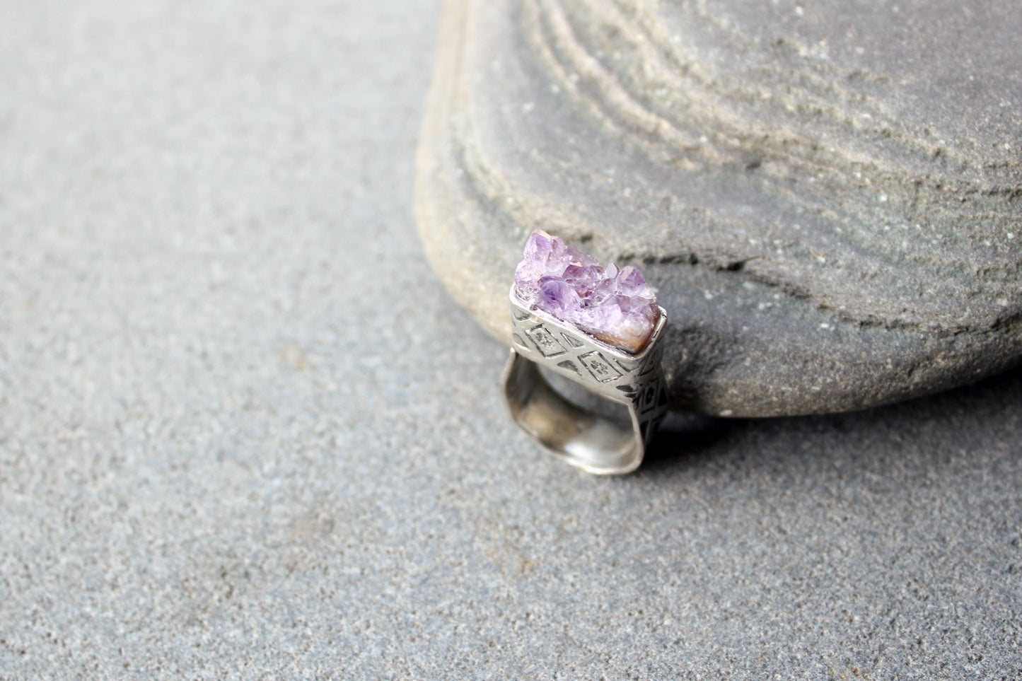 Sterling silver stamped oxidized armenian wide band cocktail ring with grey amethyst druzy, rustic, silversmith, etnic, chunky, contemporary
