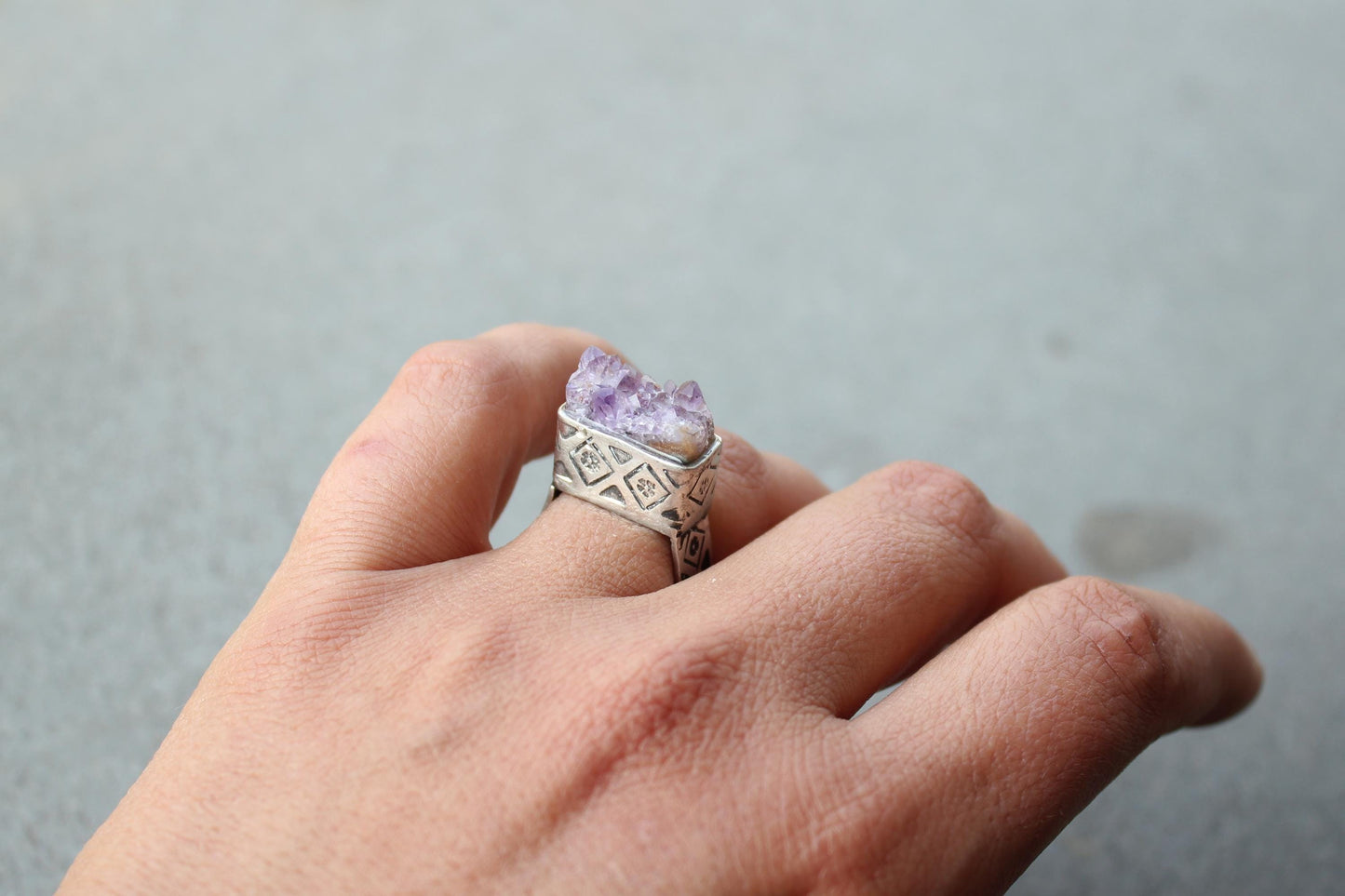 Sterling silver stamped oxidized armenian wide band cocktail ring with grey amethyst druzy, rustic, silversmith, etnic, chunky, contemporary