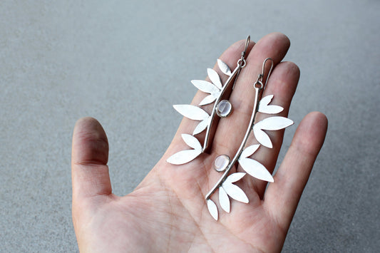 Sterling silver botanical long leaves, wings earrings with quartz, armenian, gift for her, silversmith, artisan, modern, minimalist, urban