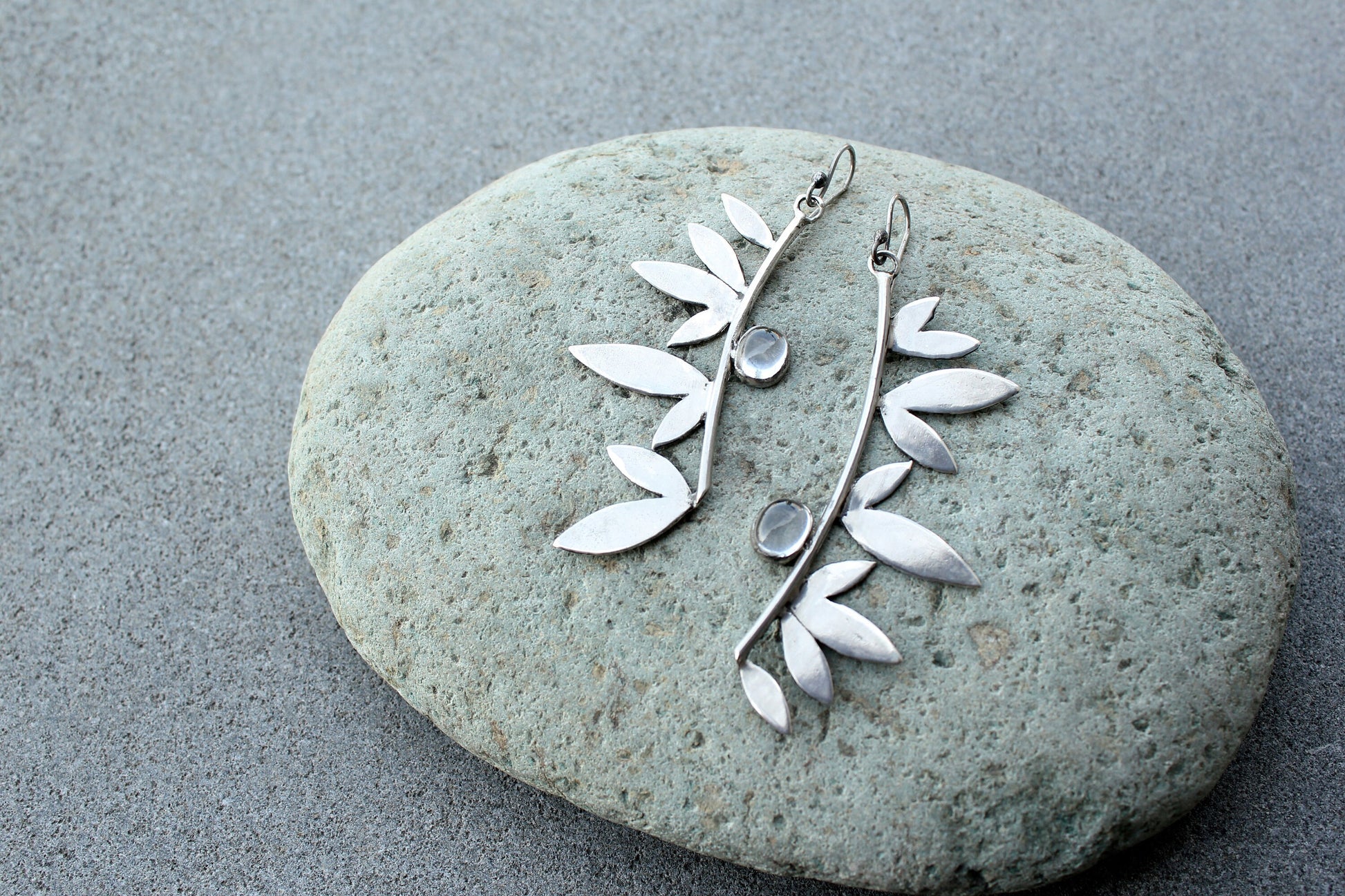 Sterling silver botanical long leaves, wings earrings with quartz, armenian, gift for her, silversmith, artisan, modern, minimalist, urban