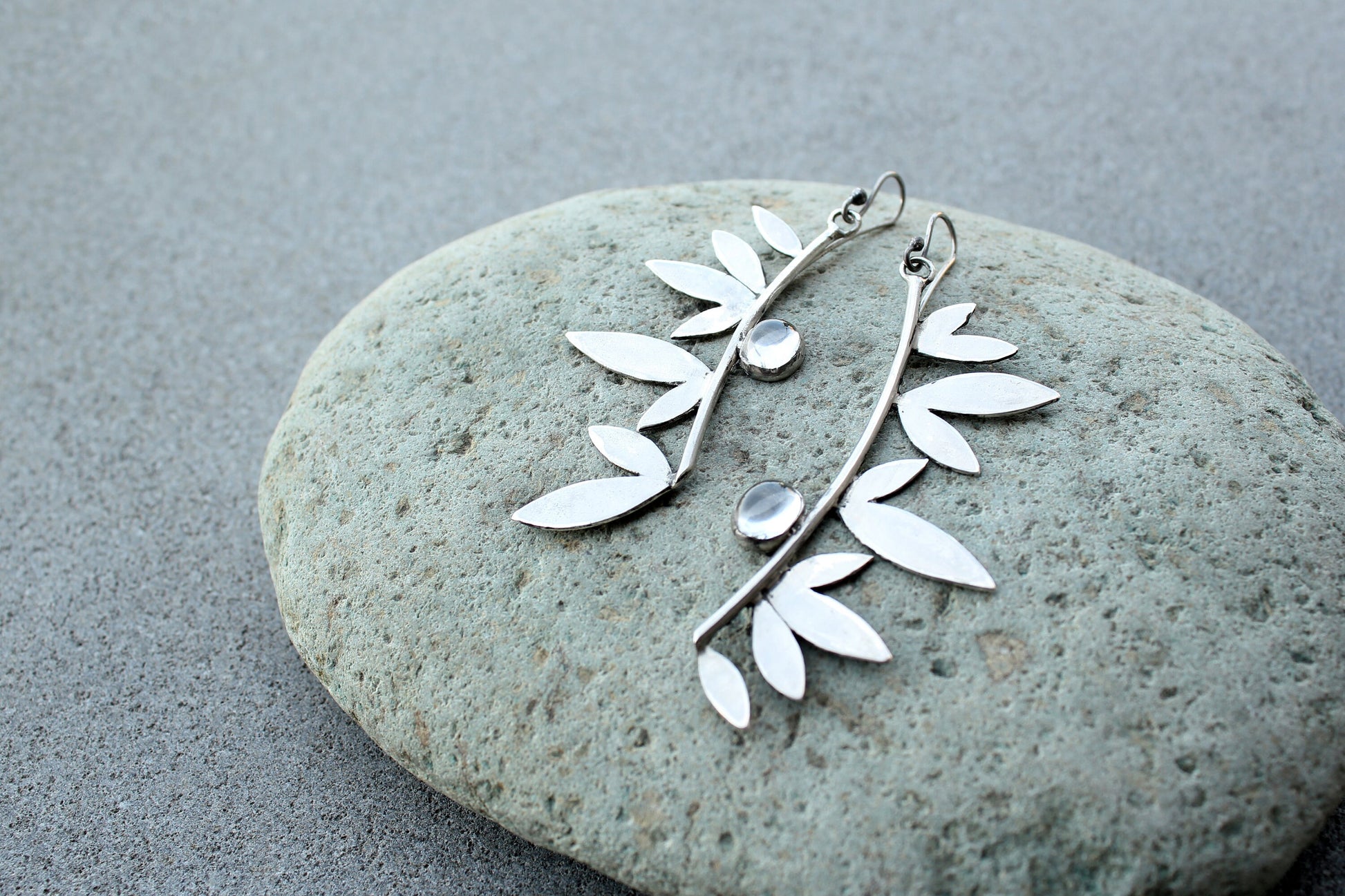 Sterling silver botanical long leaves, wings earrings with quartz, armenian, gift for her, silversmith, artisan, modern, minimalist, urban