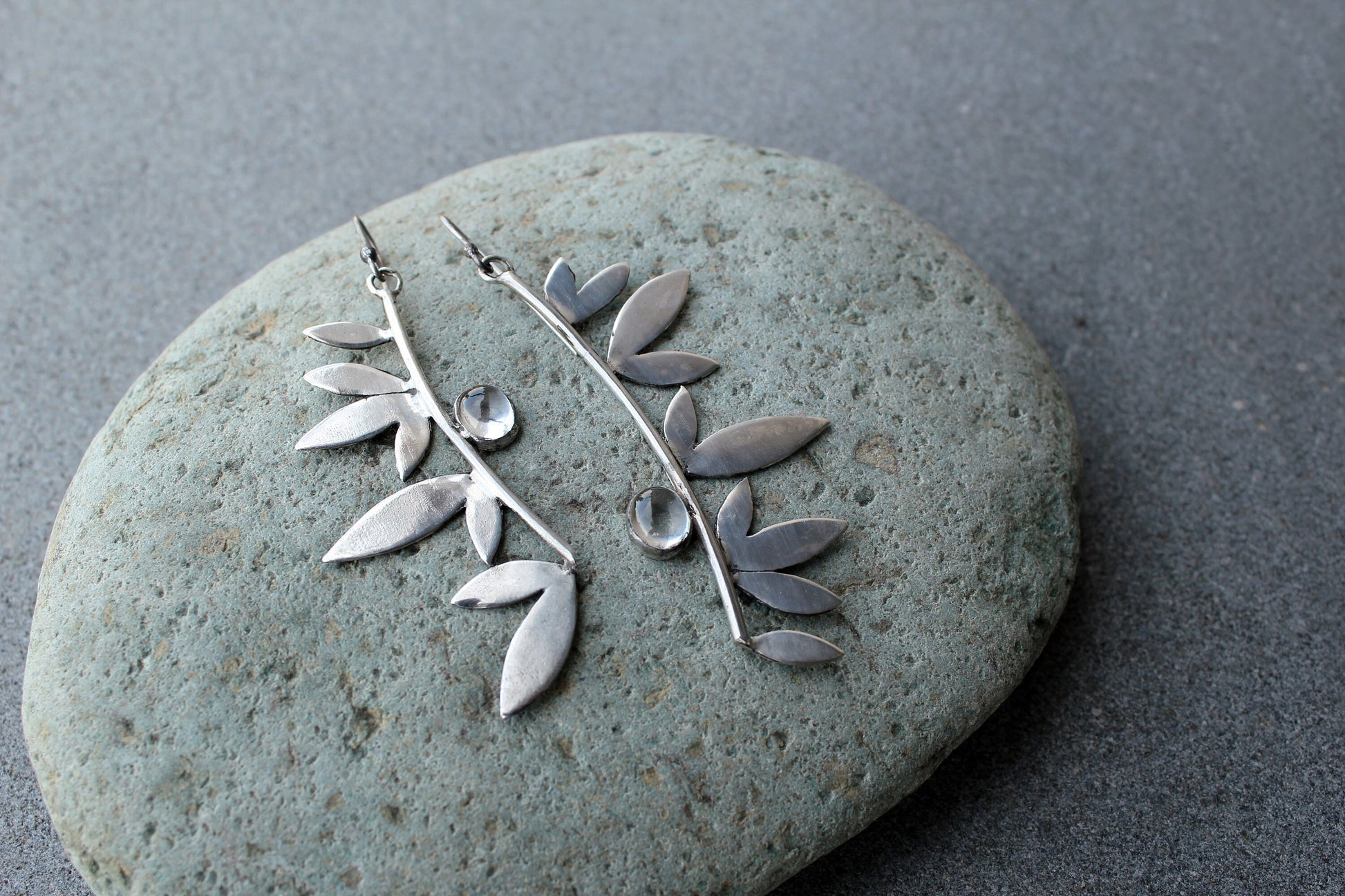 Sterling silver botanical long leaves, wings earrings with quartz, armenian, gift for her, silversmith, artisan, modern, minimalist, urban