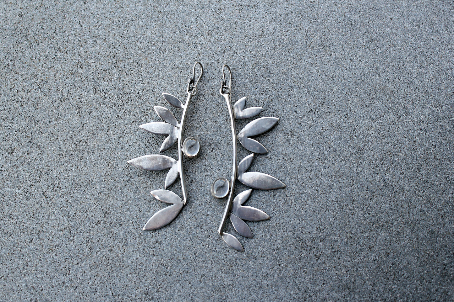 Sterling silver botanical long leaves, wings earrings with quartz, armenian, gift for her, silversmith, artisan, modern, minimalist, urban