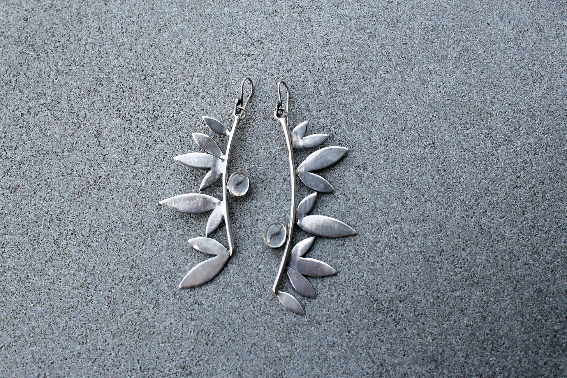 Sterling silver botanical long leaves, wings earrings with quartz, armenian, gift for her, silversmith, artisan, modern, minimalist, urban