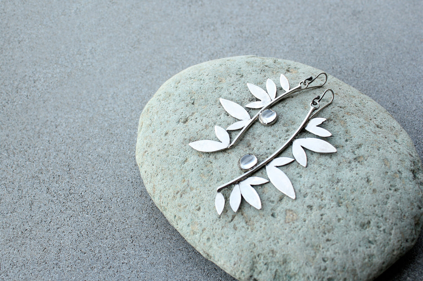 Sterling silver botanical long leaves, wings earrings with quartz, armenian, gift for her, silversmith, artisan, modern, minimalist, urban