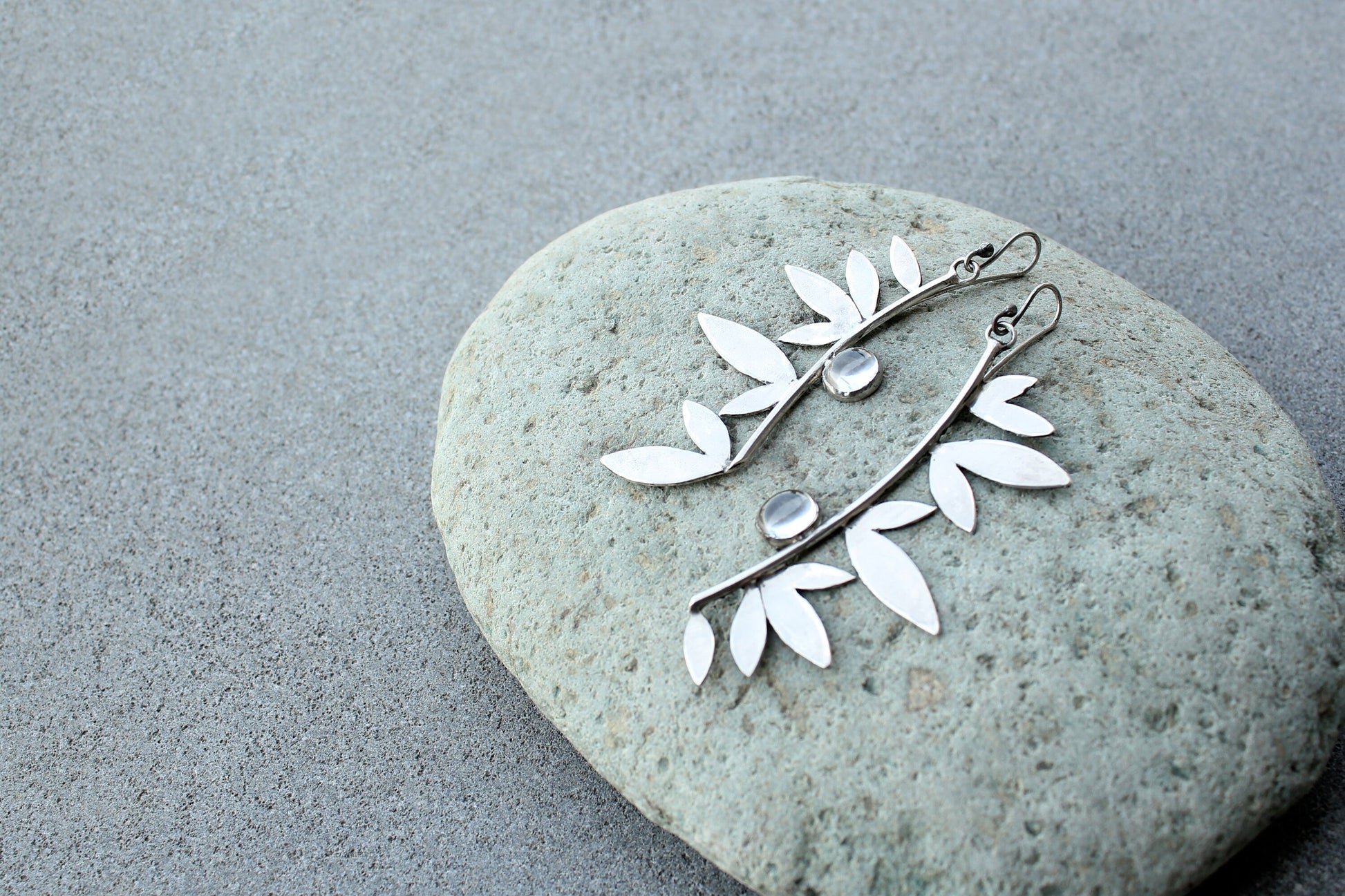 Sterling silver botanical long leaves, wings earrings with quartz, armenian, gift for her, silversmith, artisan, modern, minimalist, urban