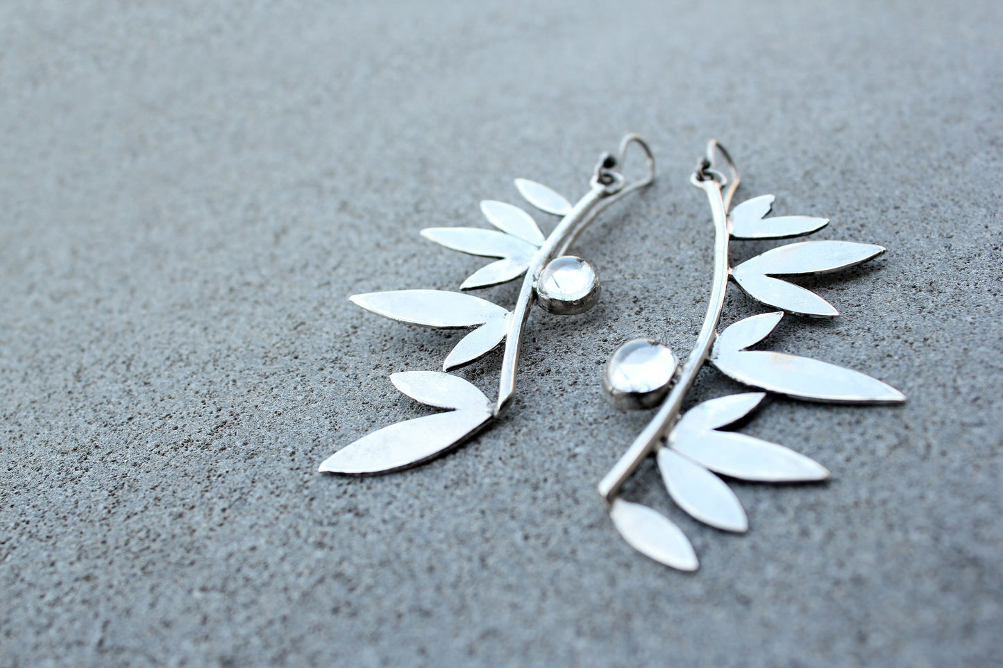 Sterling silver botanical long leaves, wings earrings with quartz, armenian, gift for her, silversmith, artisan, modern, minimalist, urban