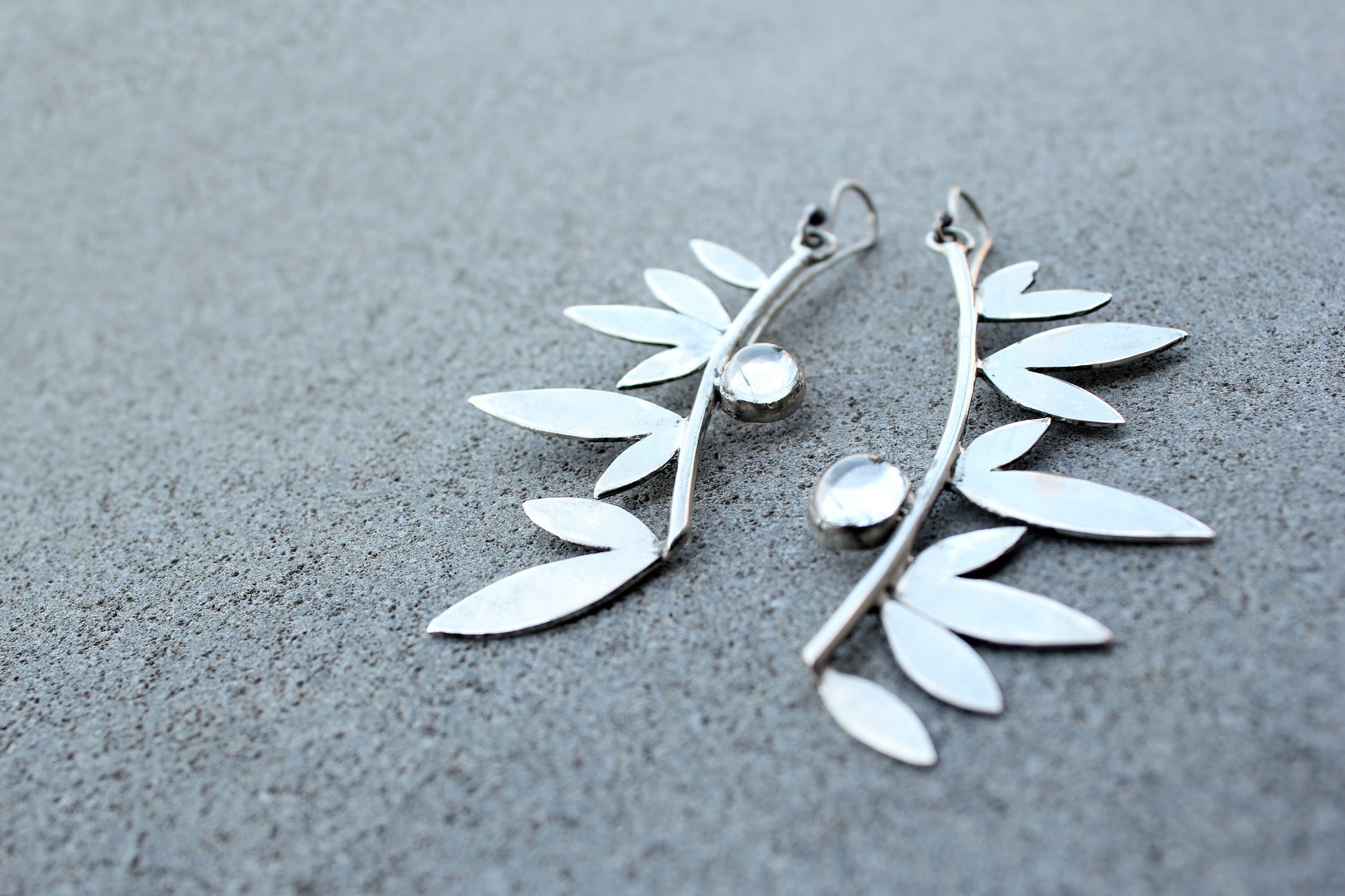 Sterling silver botanical long leaves, wings earrings with quartz, armenian, gift for her, silversmith, artisan, modern, minimalist, urban