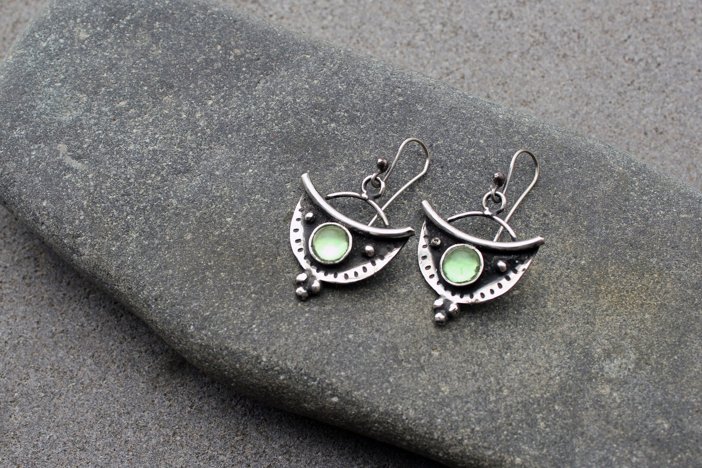 Sterling silver oxidised silversmith earrings with light green corundum gemstone, armenian, half moon, artisan, old fashion, rustic, for her