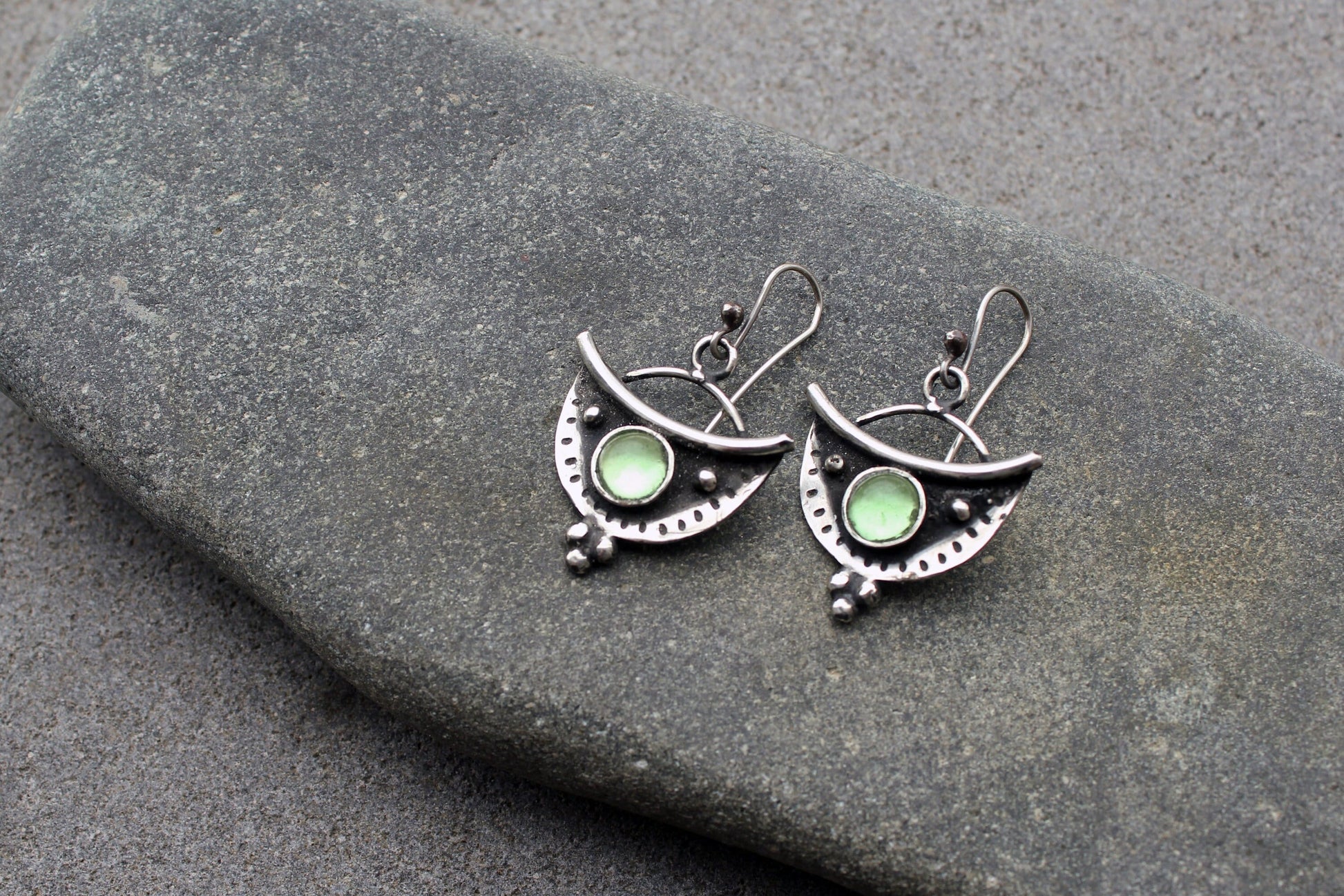 Sterling silver oxidised silversmith earrings with light green corundum gemstone, armenian, half moon, artisan, old fashion, rustic, for her