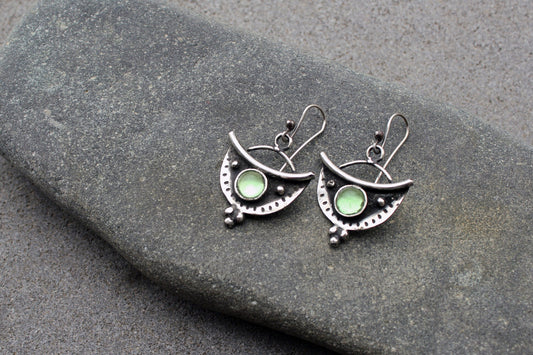 Sterling silver oxidised silversmith earrings with light green corundum gemstone, armenian, half moon, artisan, old fashion, rustic, for her