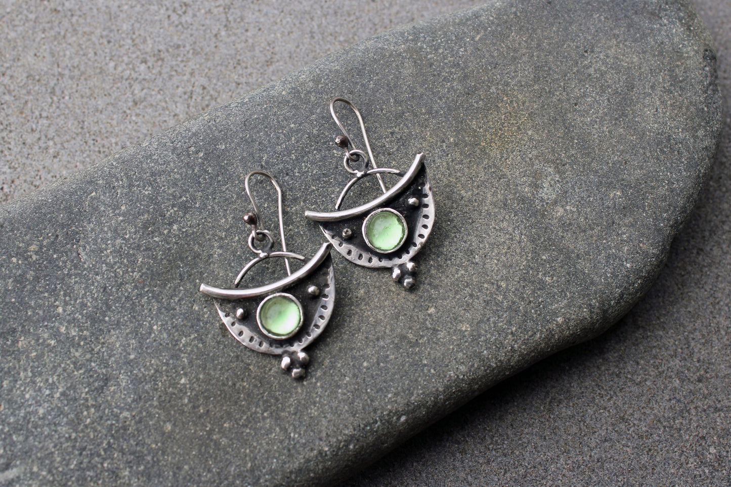 Sterling silver oxidised silversmith earrings with light green corundum gemstone, armenian, half moon, artisan, old fashion, rustic, for her