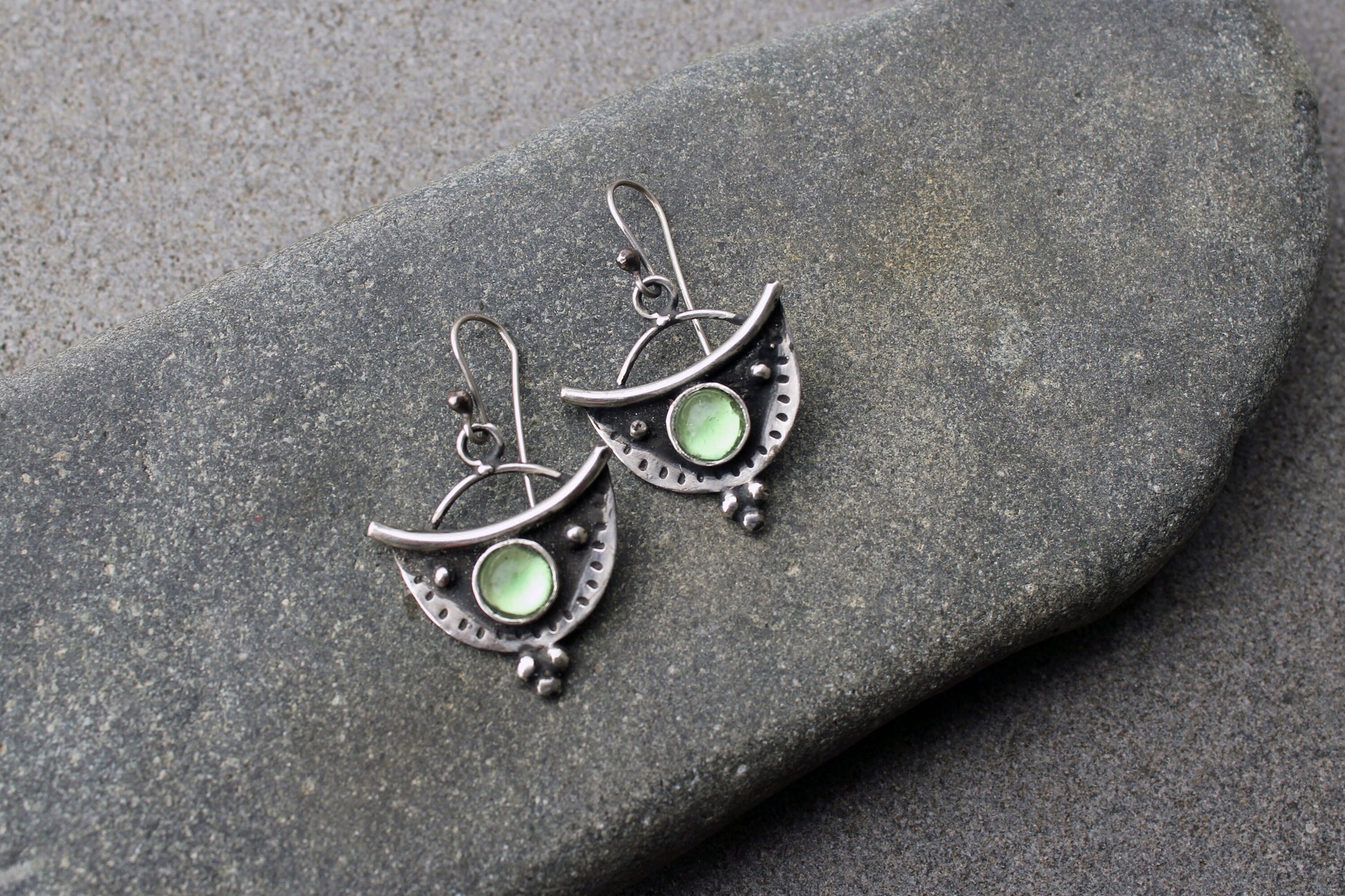 Sterling silver oxidised silversmith earrings with light green corundum gemstone, armenian, half moon, artisan, old fashion, rustic, for her