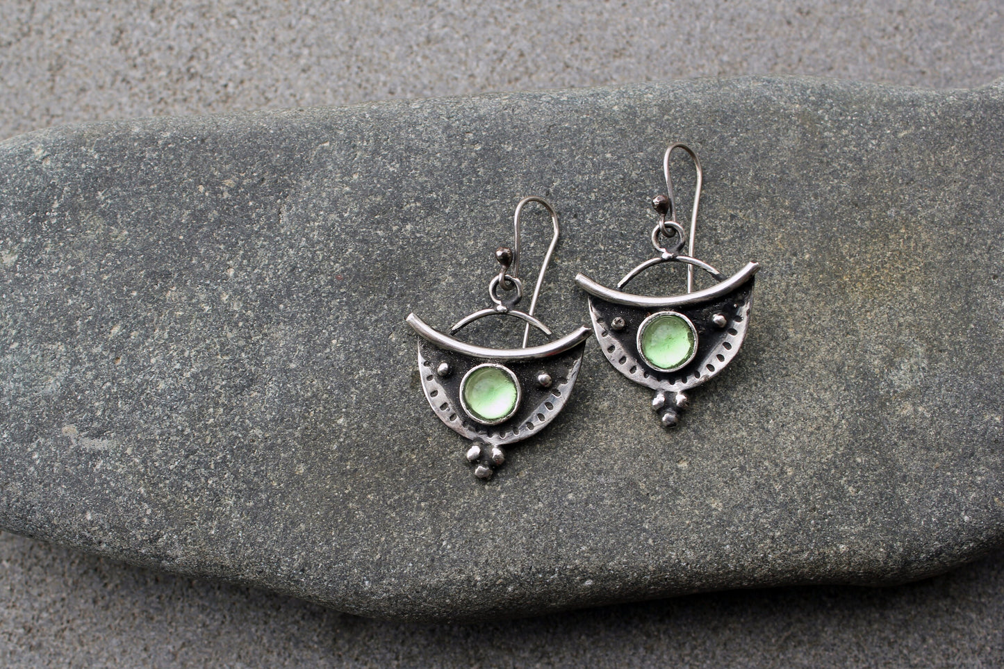 Sterling silver oxidised silversmith earrings with light green corundum gemstone, armenian, half moon, artisan, old fashion, rustic, for her