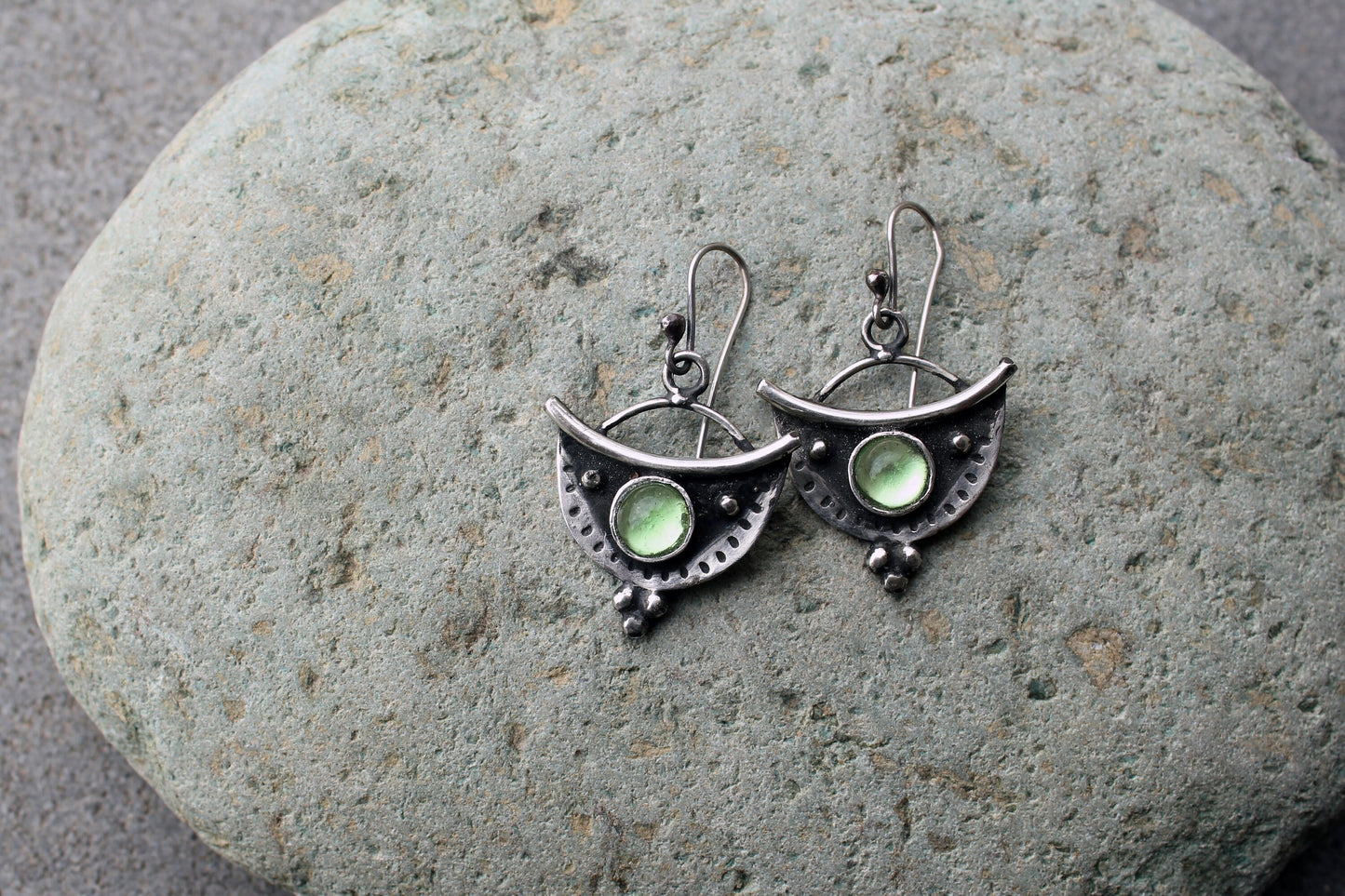 Sterling silver oxidised silversmith earrings with light green corundum gemstone, armenian, half moon, artisan, old fashion, rustic, for her