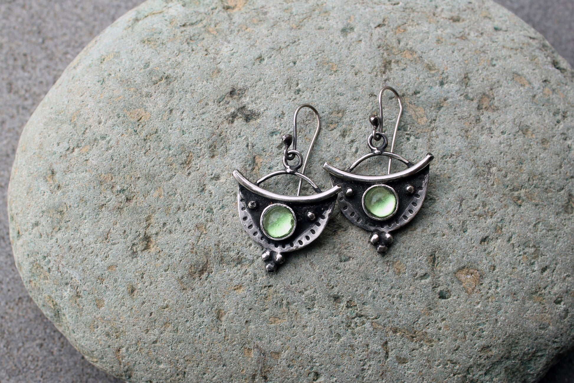 Sterling silver oxidised silversmith earrings with light green corundum gemstone, armenian, half moon, artisan, old fashion, rustic, for her