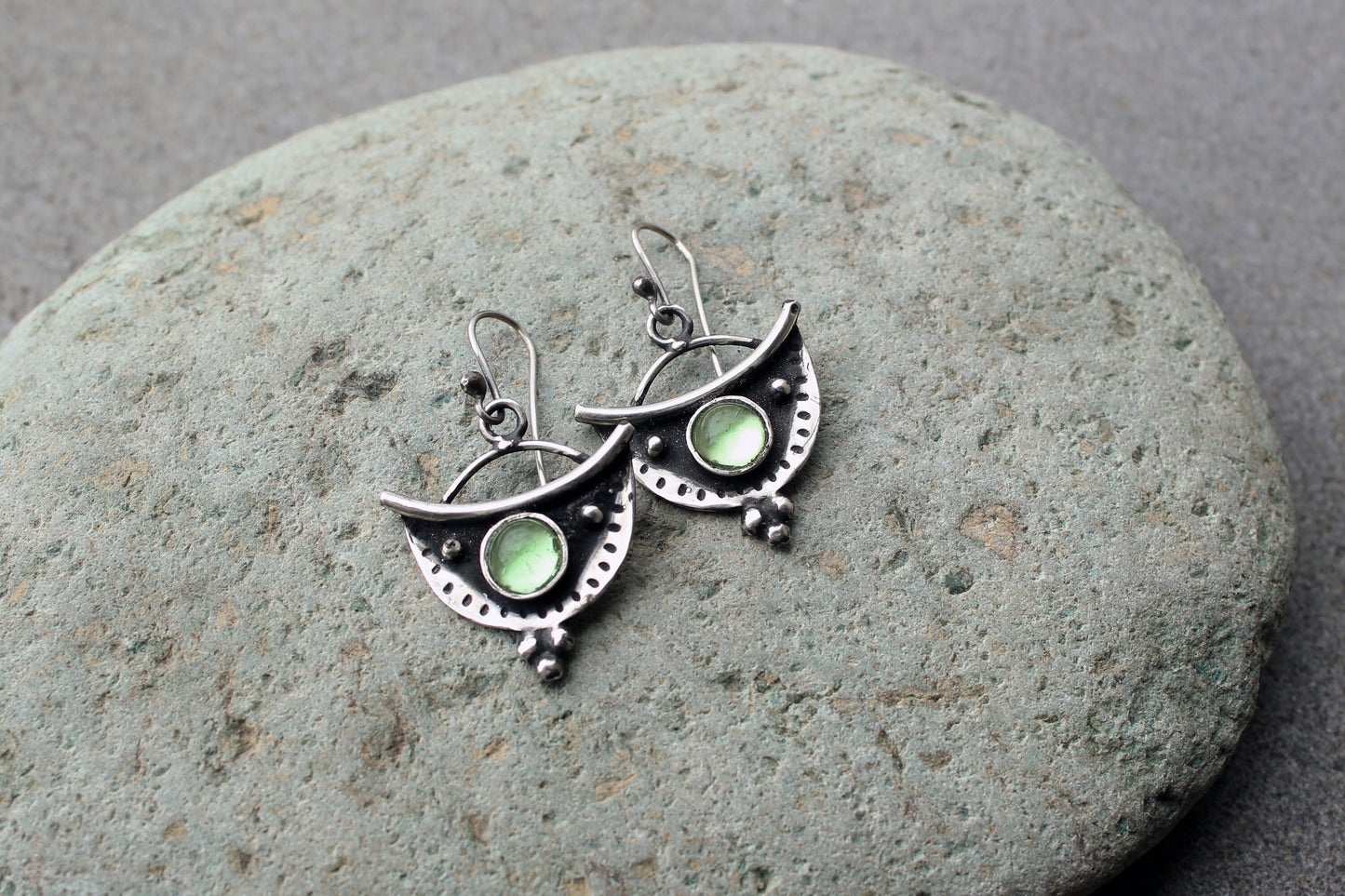 Sterling silver oxidised silversmith earrings with light green corundum gemstone, armenian, half moon, artisan, old fashion, rustic, for her