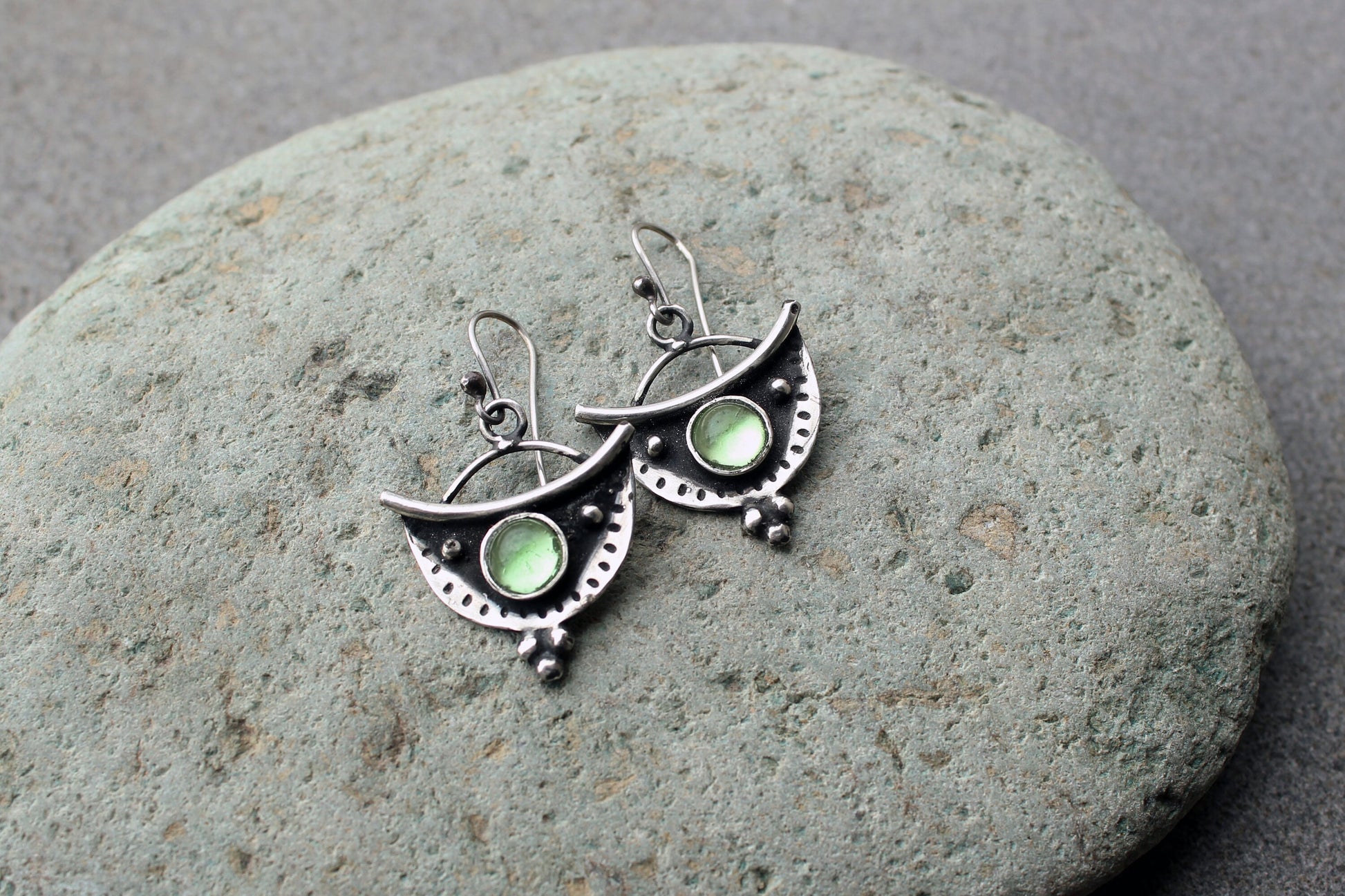 Sterling silver oxidised silversmith earrings with light green corundum gemstone, armenian, half moon, artisan, old fashion, rustic, for her