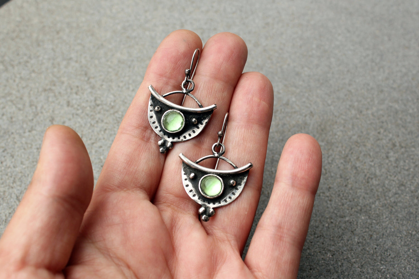Sterling silver oxidised silversmith earrings with light green corundum gemstone, armenian, half moon, artisan, old fashion, rustic, for her