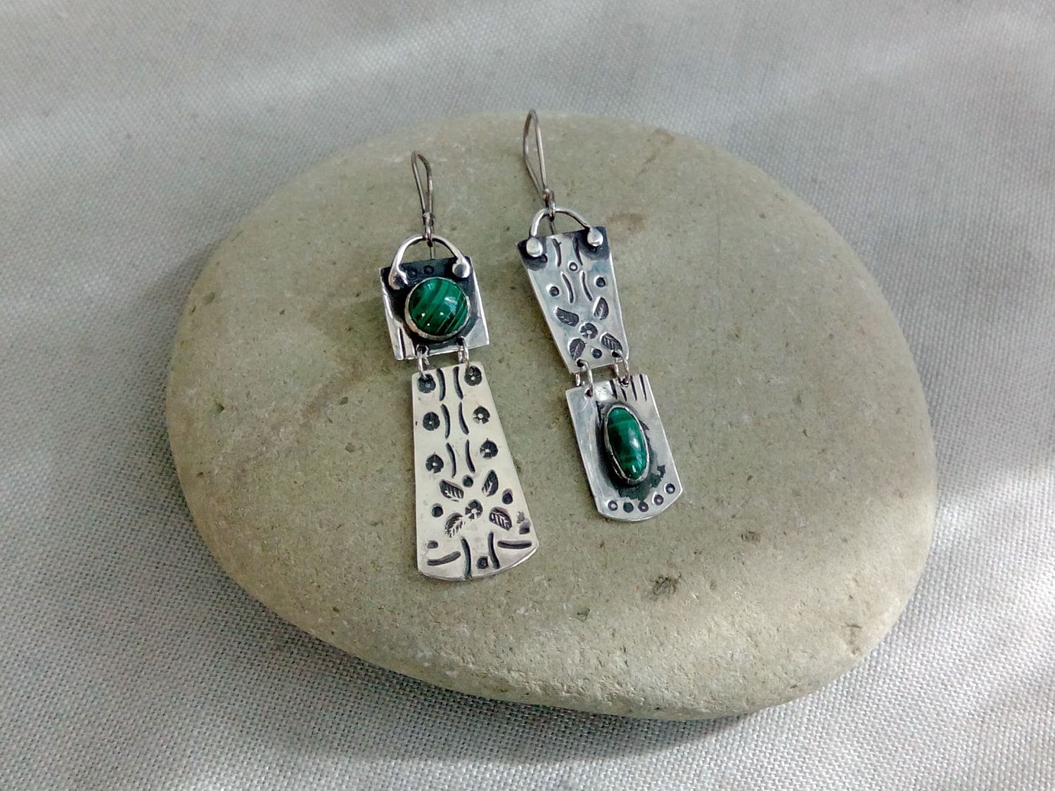 Sterling silver asymmetrical earrings with natural green malachite gemstone, armenian, rustic, artisan, unique, modern, nature, silversmith