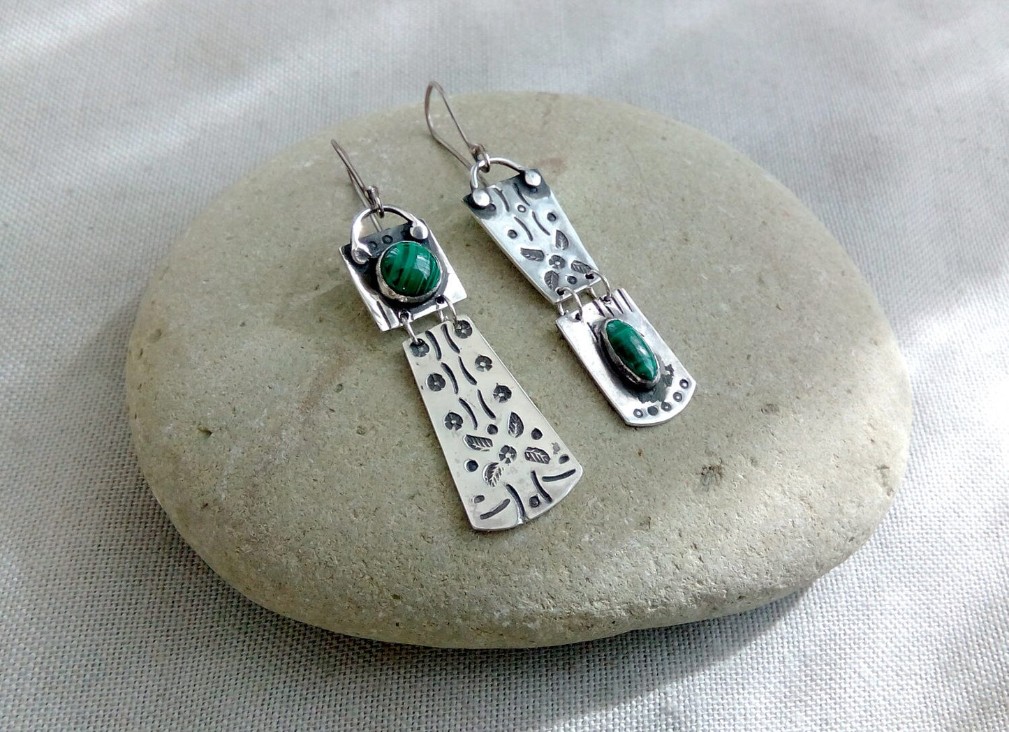 Sterling silver asymmetrical earrings with natural green malachite gemstone, armenian, rustic, artisan, unique, modern, nature, silversmith