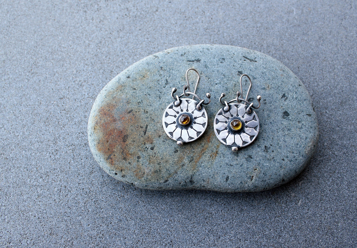 Sterling silver stamped round artisan earrings with yellow corundum gemstone, armenian, silversmith jewelry, summer sun, wheel, gift for her