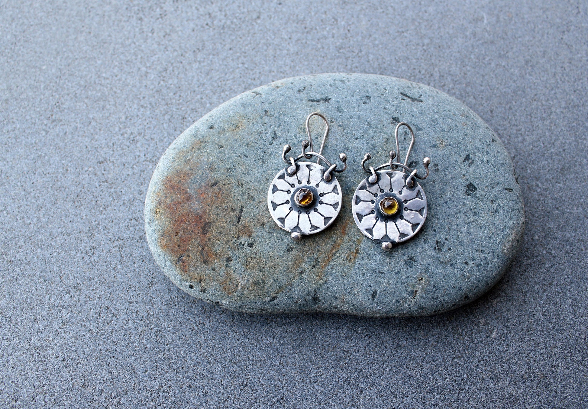 Sterling silver stamped round artisan earrings with yellow corundum gemstone, armenian, silversmith jewelry, summer sun, wheel, gift for her