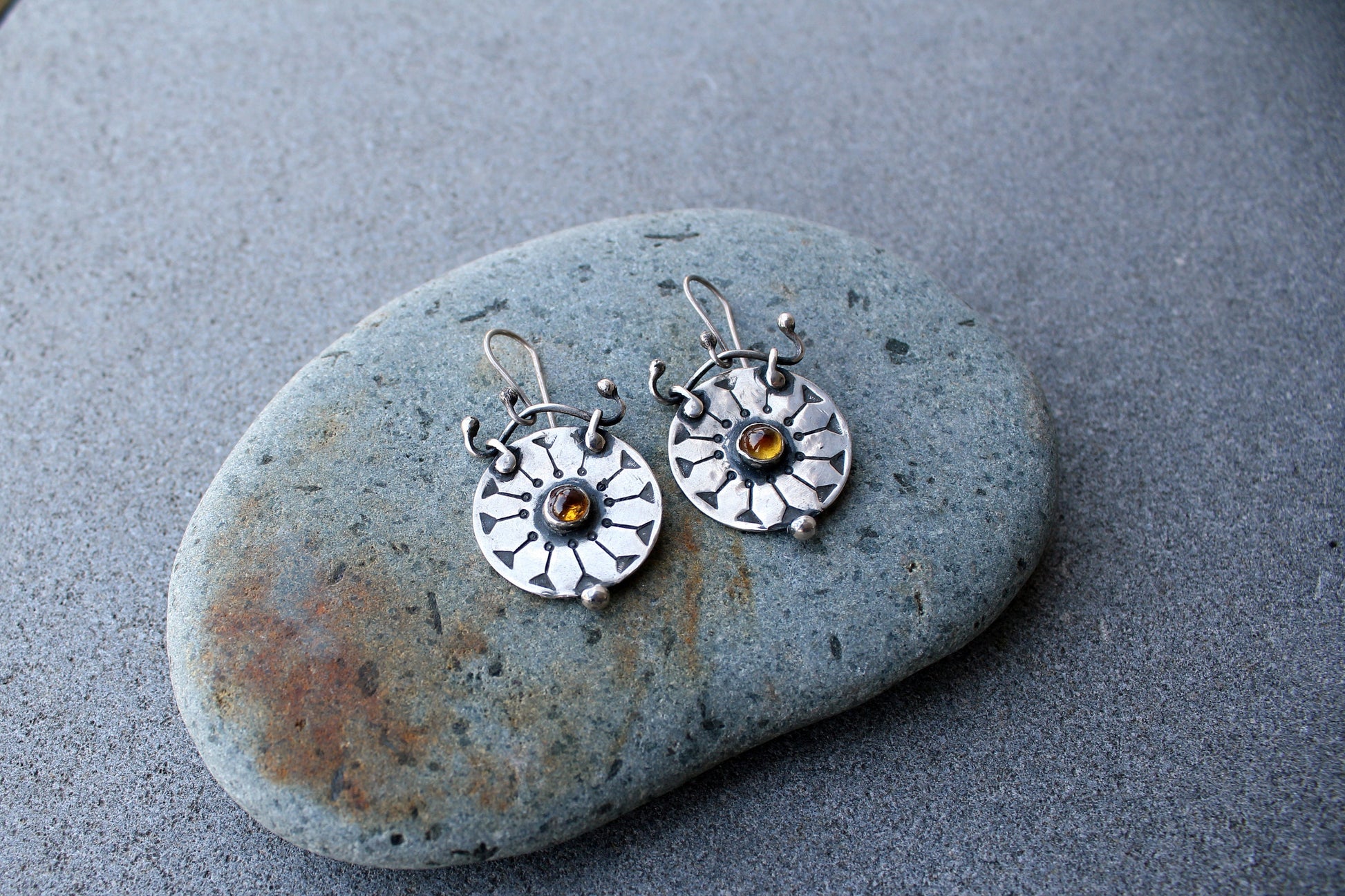 Sterling silver stamped round artisan earrings with yellow corundum gemstone, armenian, silversmith jewelry, summer sun, wheel, gift for her