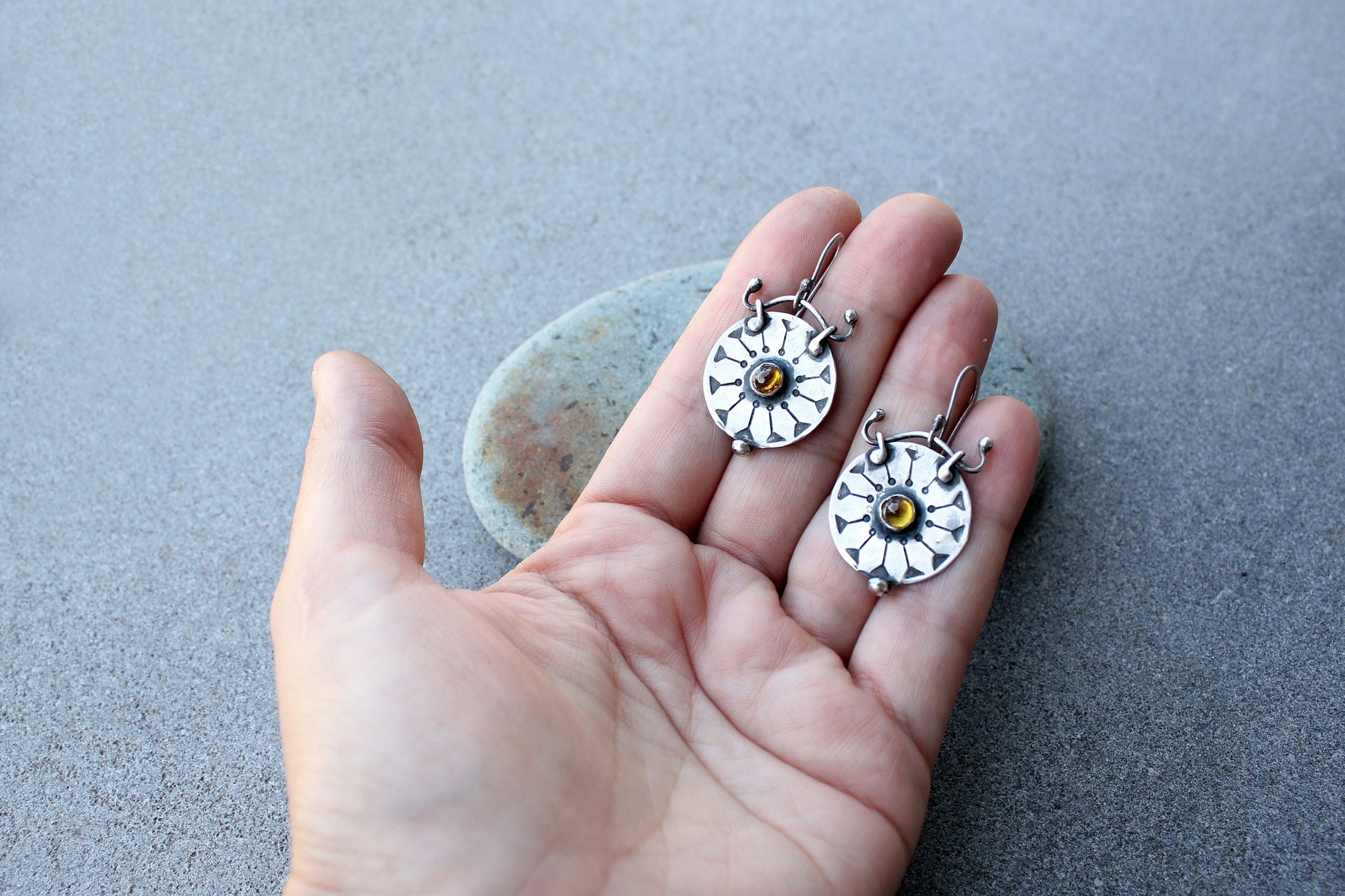 Sterling silver stamped round artisan earrings with yellow corundum gemstone, armenian, silversmith jewelry, summer sun, wheel, gift for her