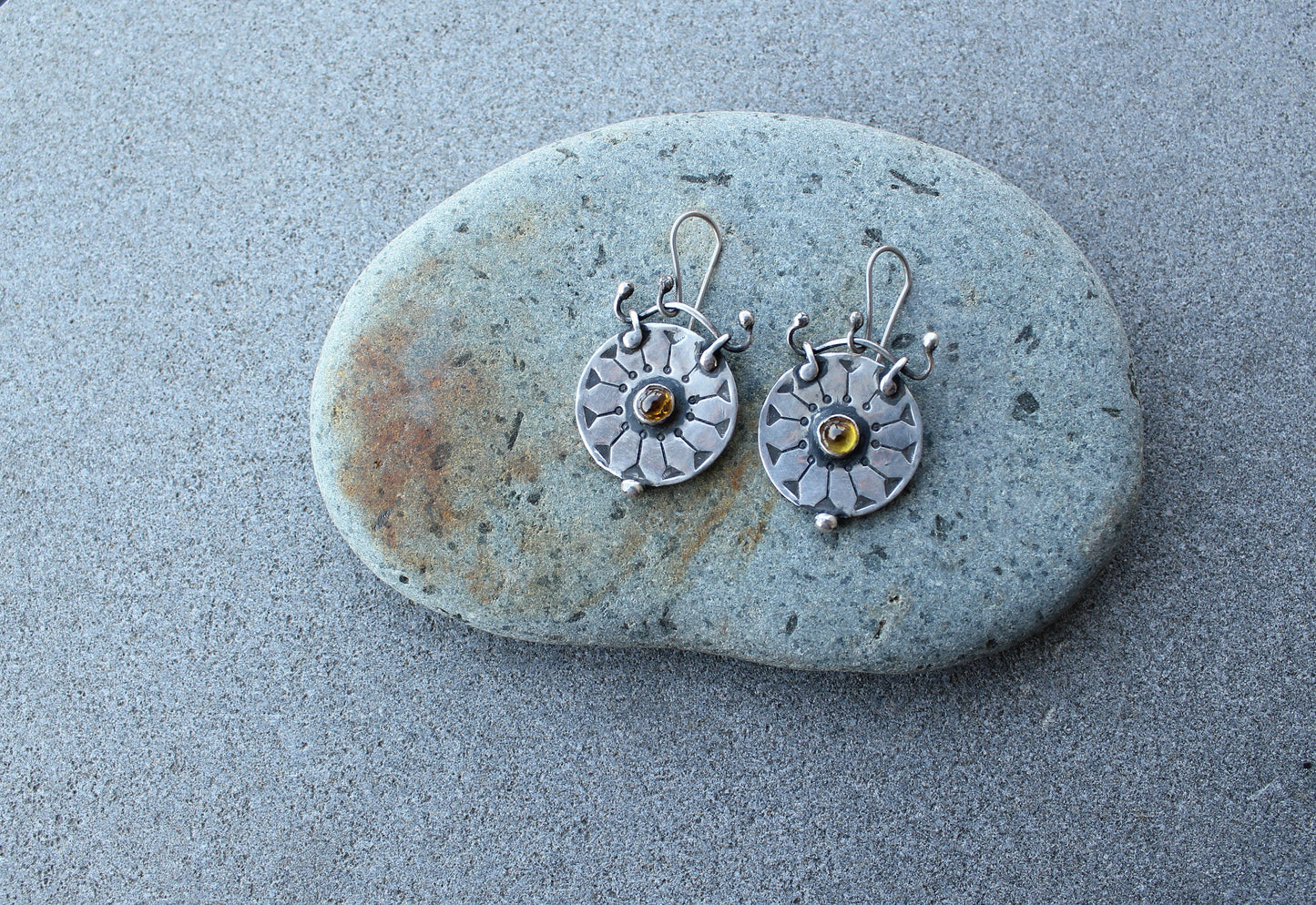 Sterling silver stamped round artisan earrings with yellow corundum gemstone, armenian, silversmith jewelry, summer sun, wheel, gift for her